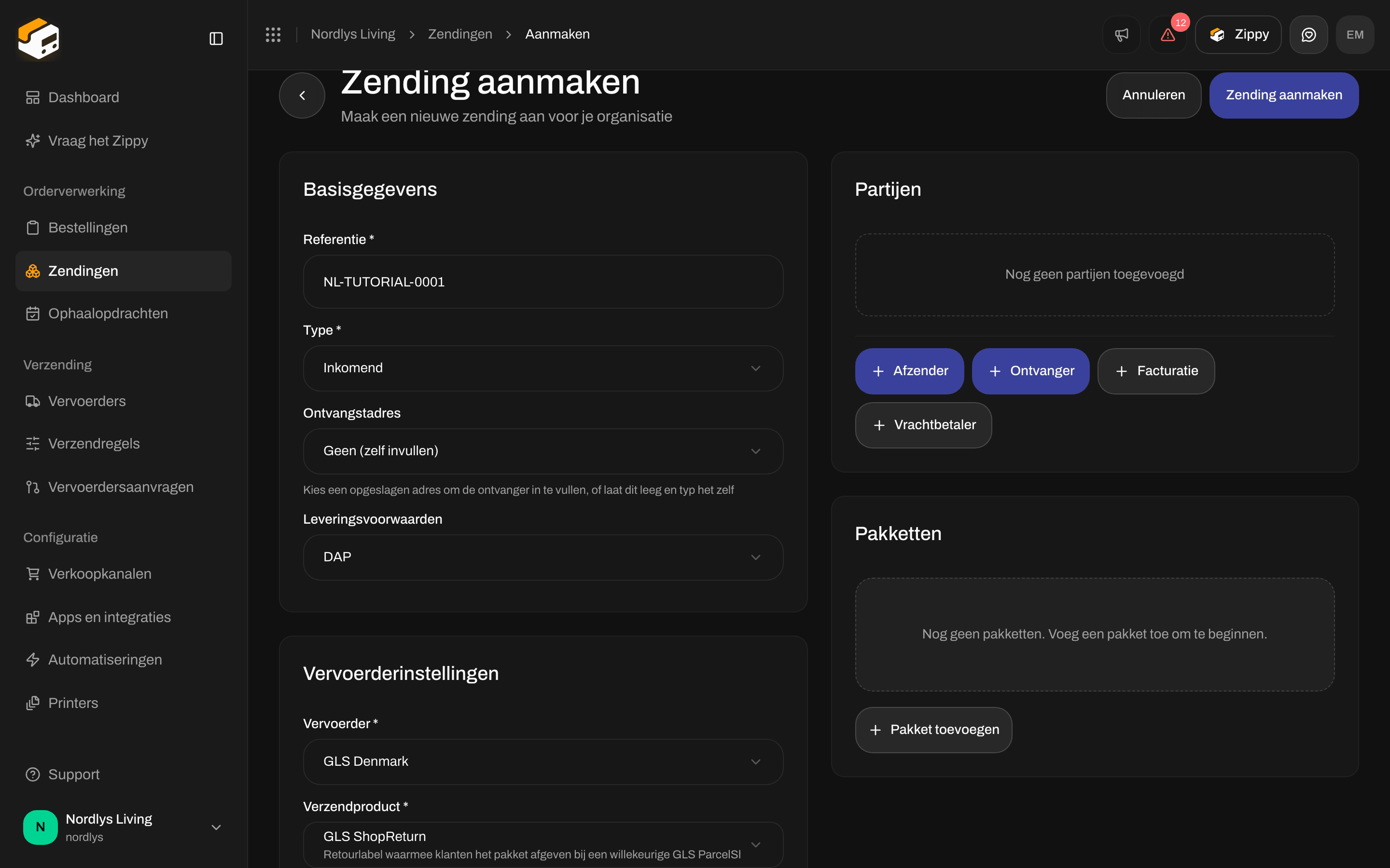 Zending aanmaken met Type Inkomend en GLS ShopReturn gekozen, met Vervoerderinstellingen en zonder kaart Afhaalpunt