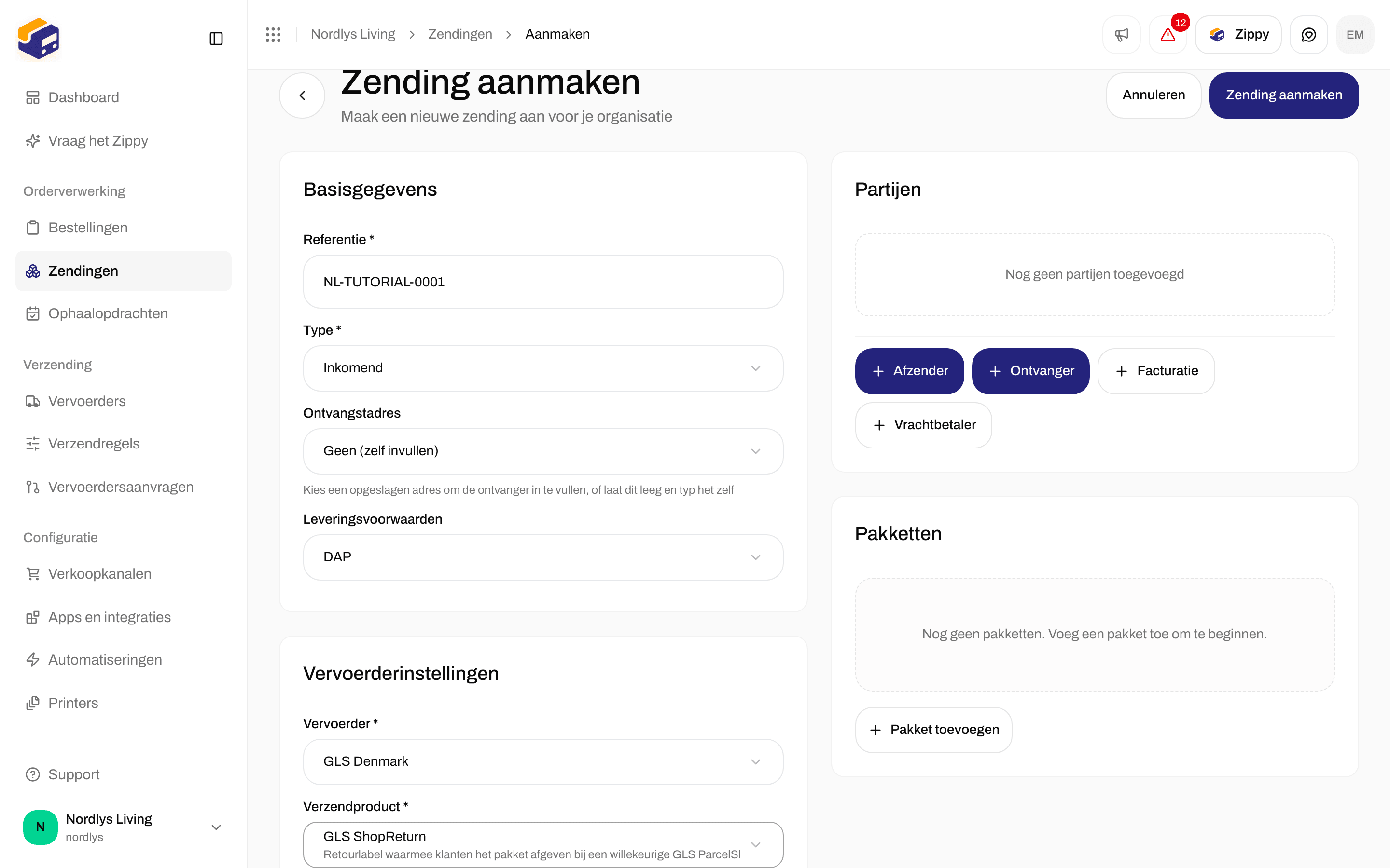 Zending aanmaken met Type Inkomend en GLS ShopReturn gekozen, met Vervoerderinstellingen en zonder kaart Afhaalpunt