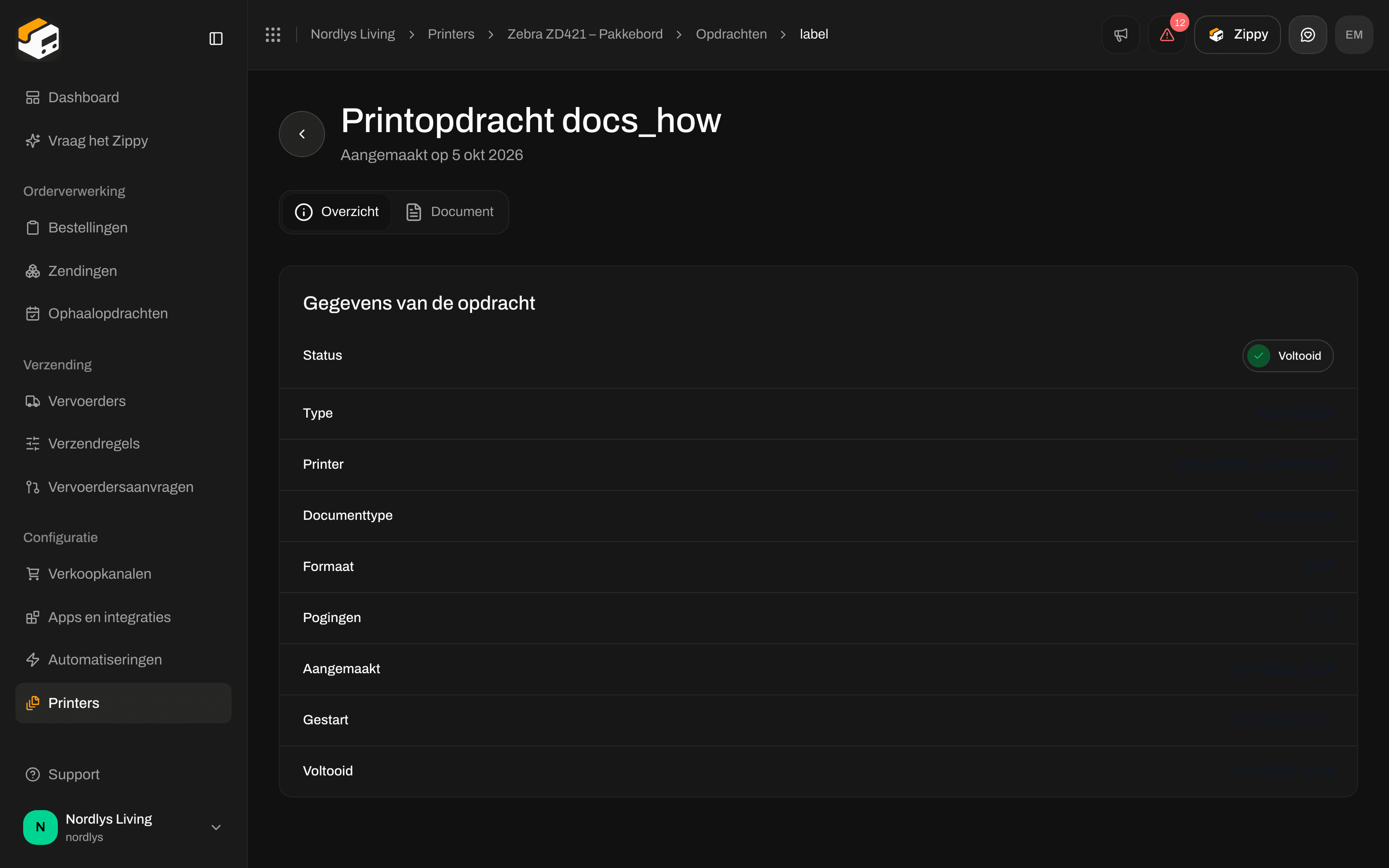 Pagina van een printopdracht met Overzicht en Gegevens van de opdracht: status, type, printer en formaat
