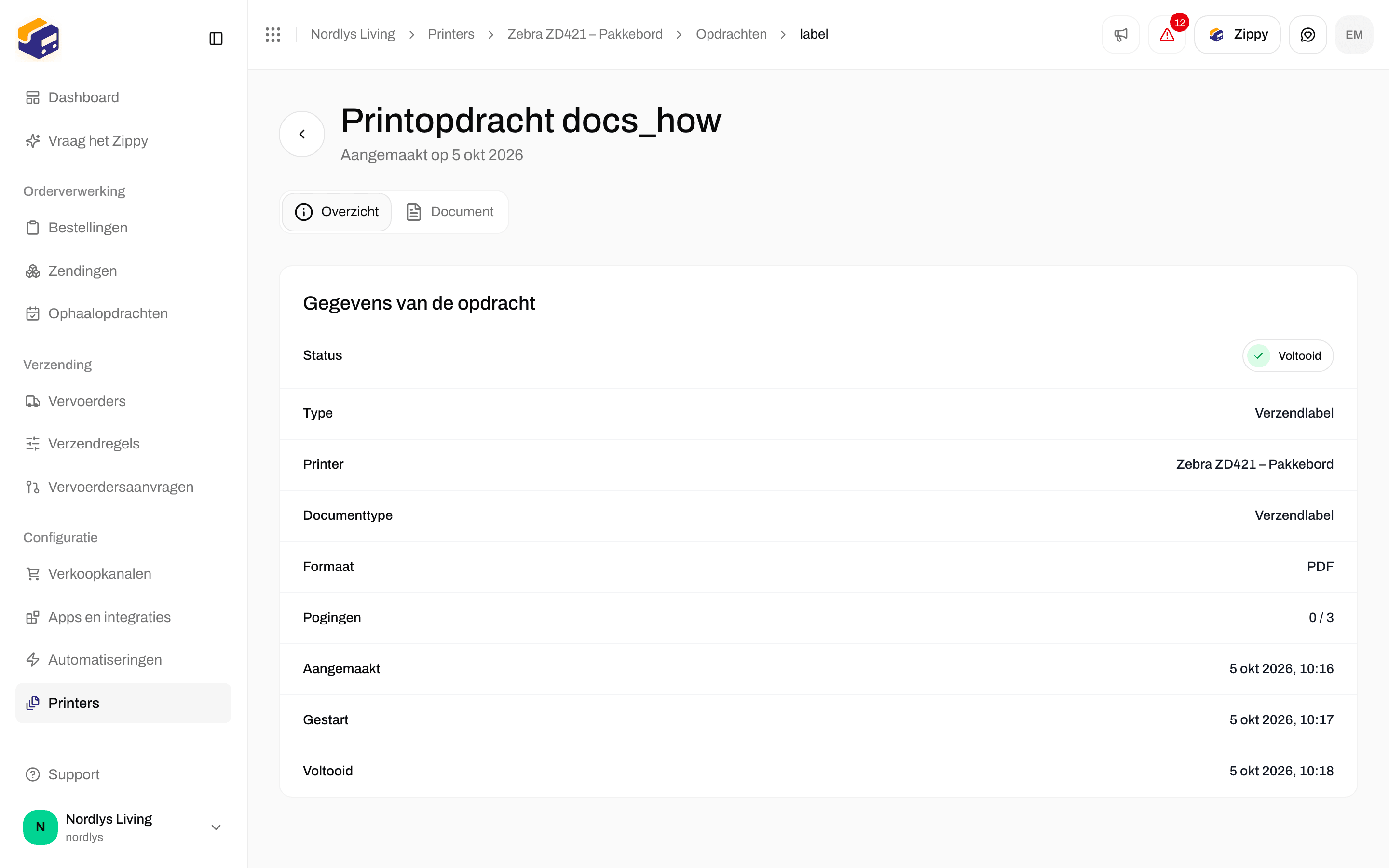 Pagina van een printopdracht met Overzicht en Gegevens van de opdracht: status, type, printer en formaat