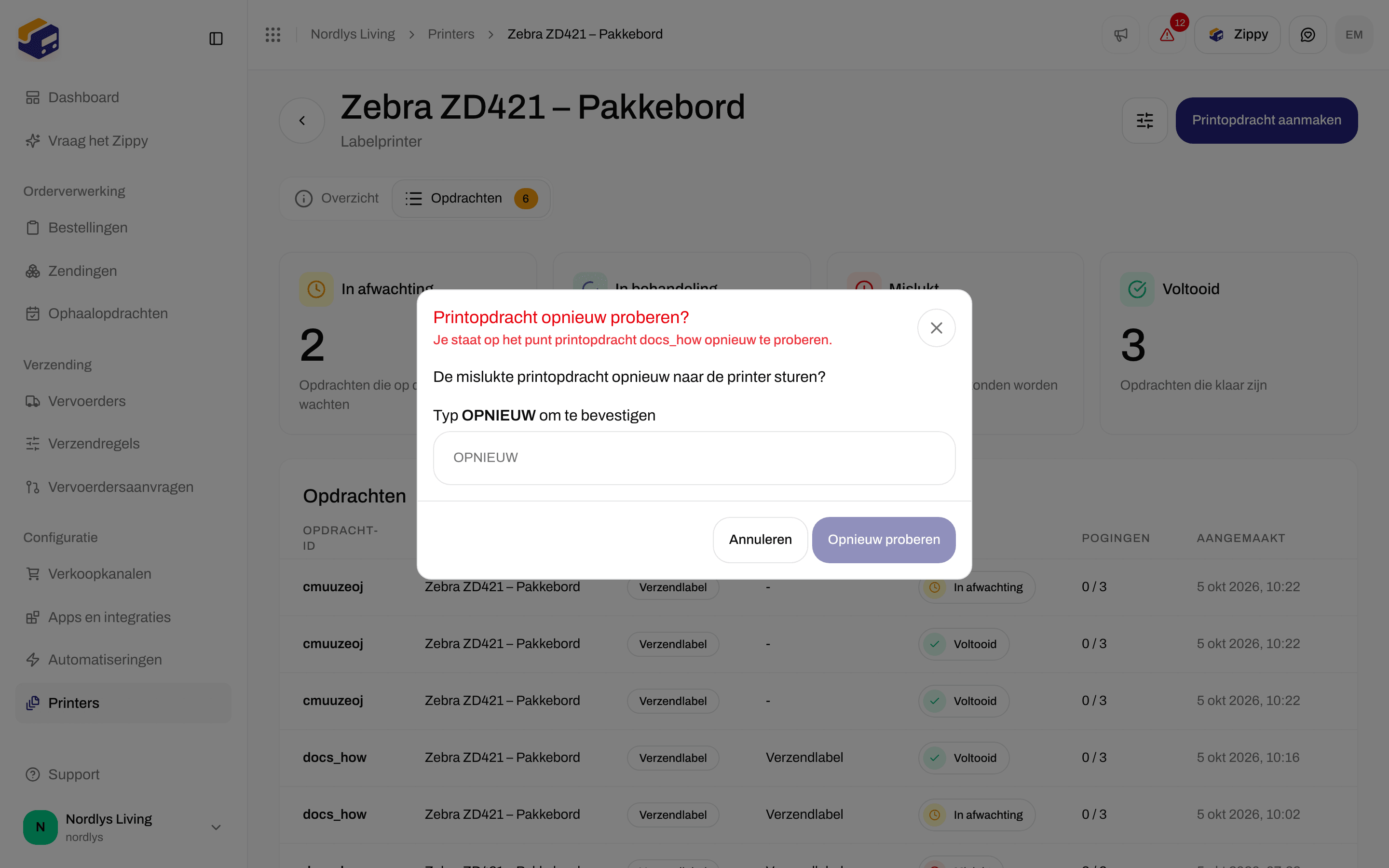Bevestiging Printopdracht opnieuw proberen? met een veld om RETRY te typen