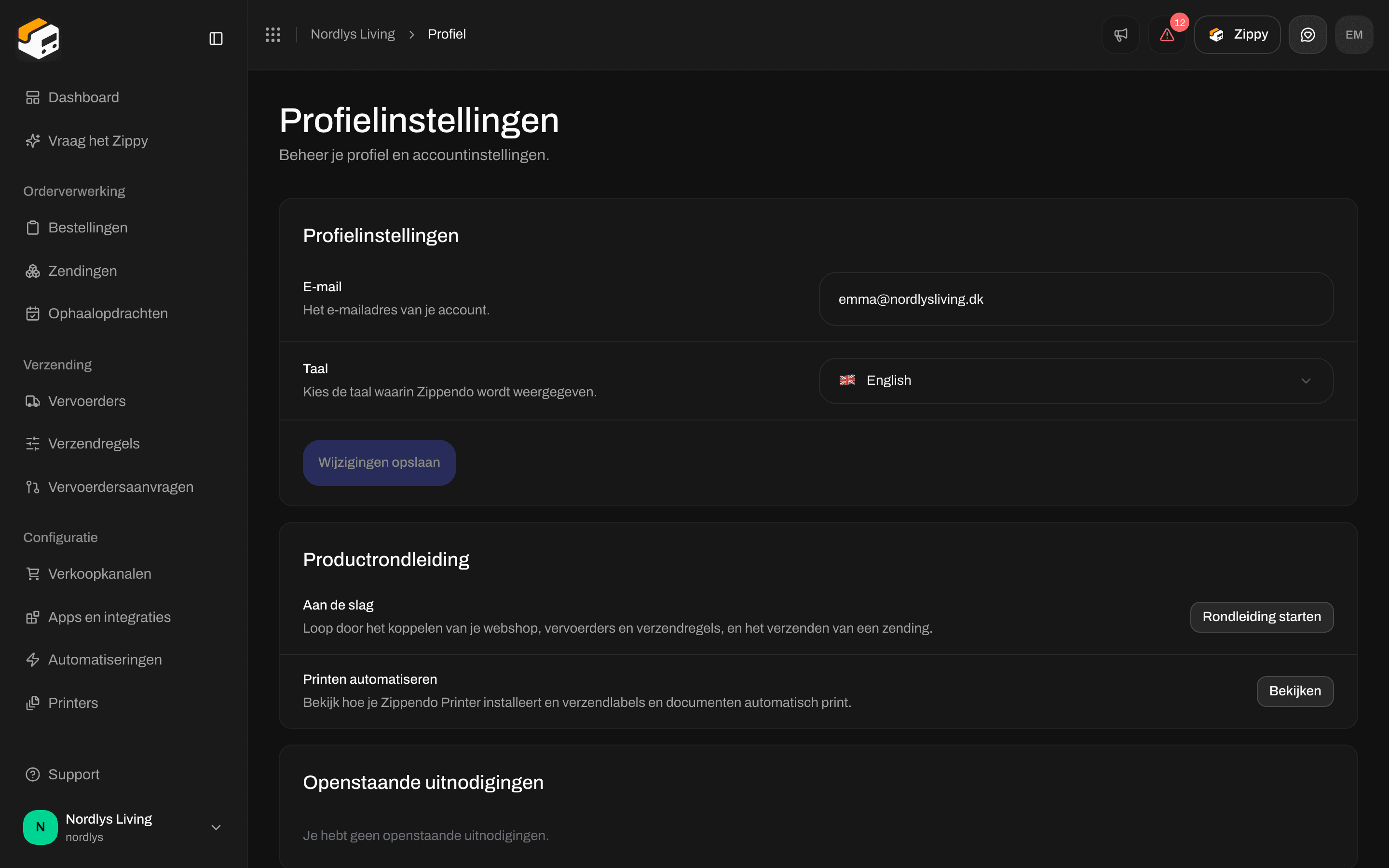 Profielinstellingen met E-mail, Taal en Wijzigingen opslaan