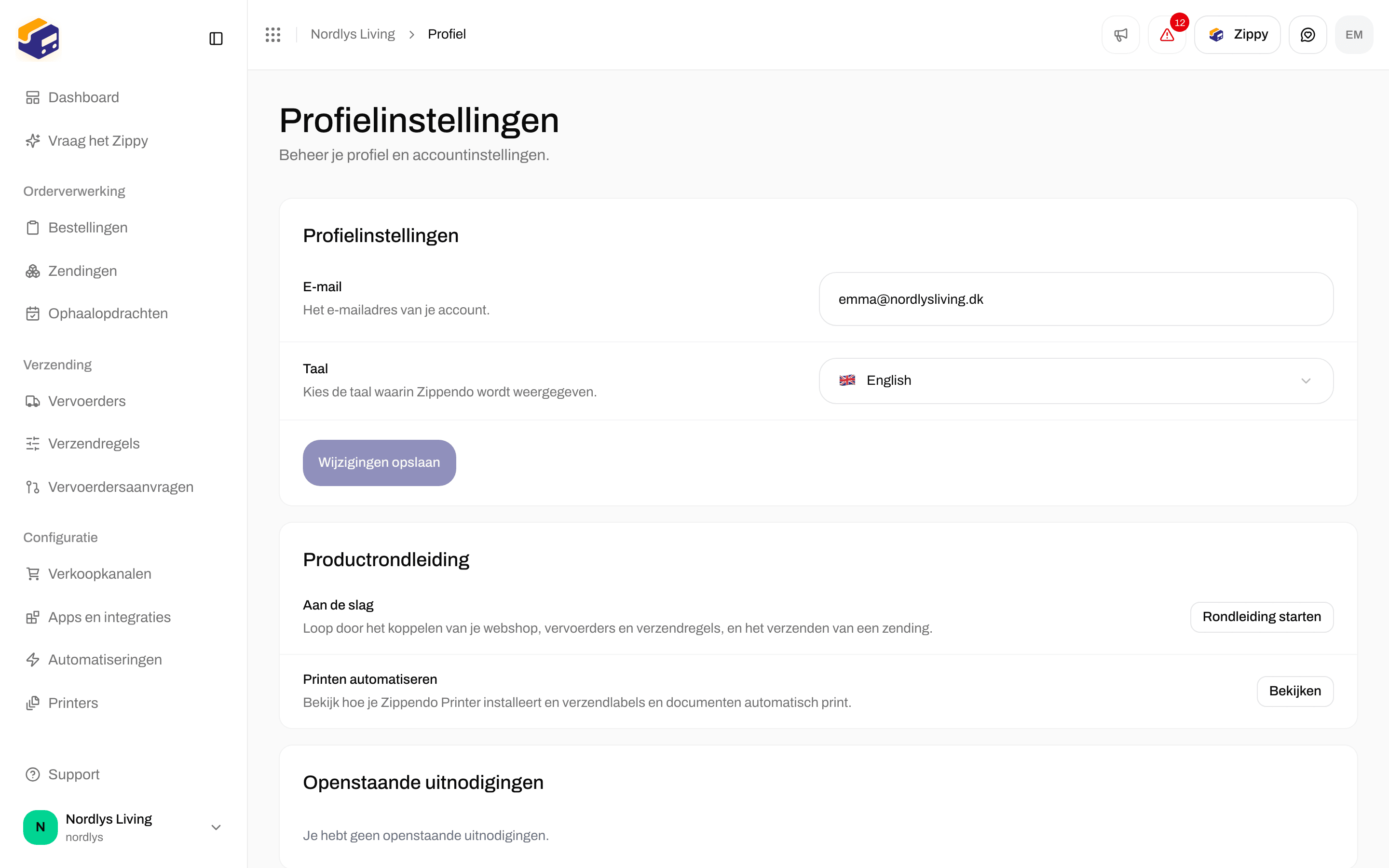 Profielinstellingen met E-mail, Taal en Wijzigingen opslaan