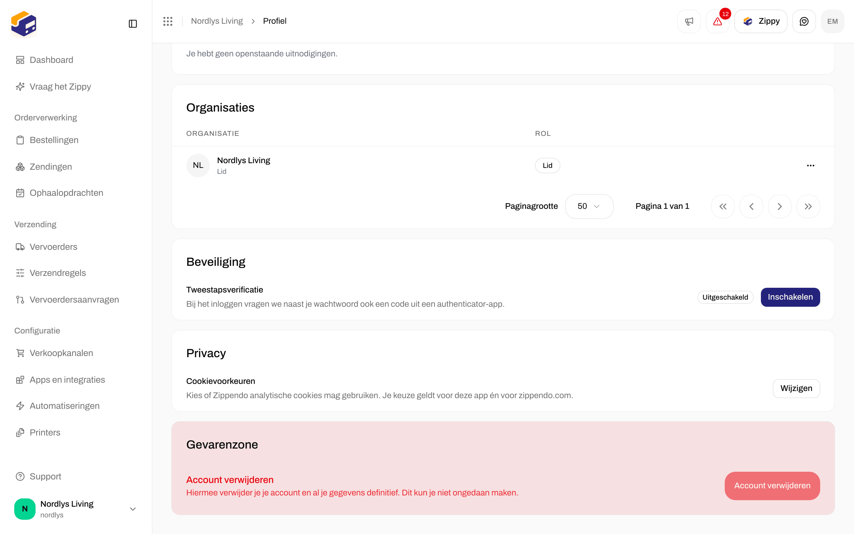 Sectie Beveiliging met de status van Tweestapsverificatie en Inschakelen
