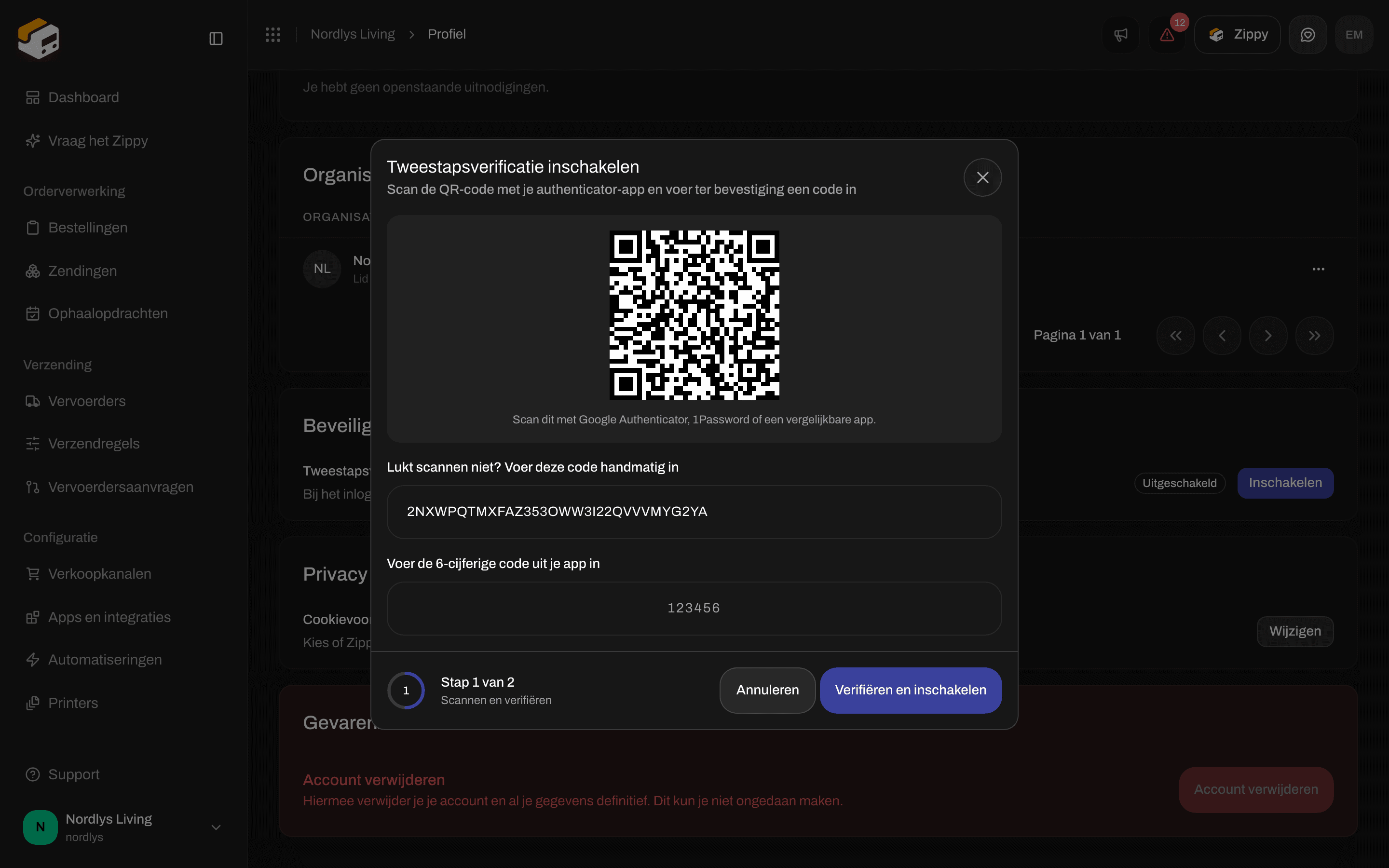 Venster Tweestapsverificatie inschakelen met een QR-code en een veld voor de code van 6 cijfers