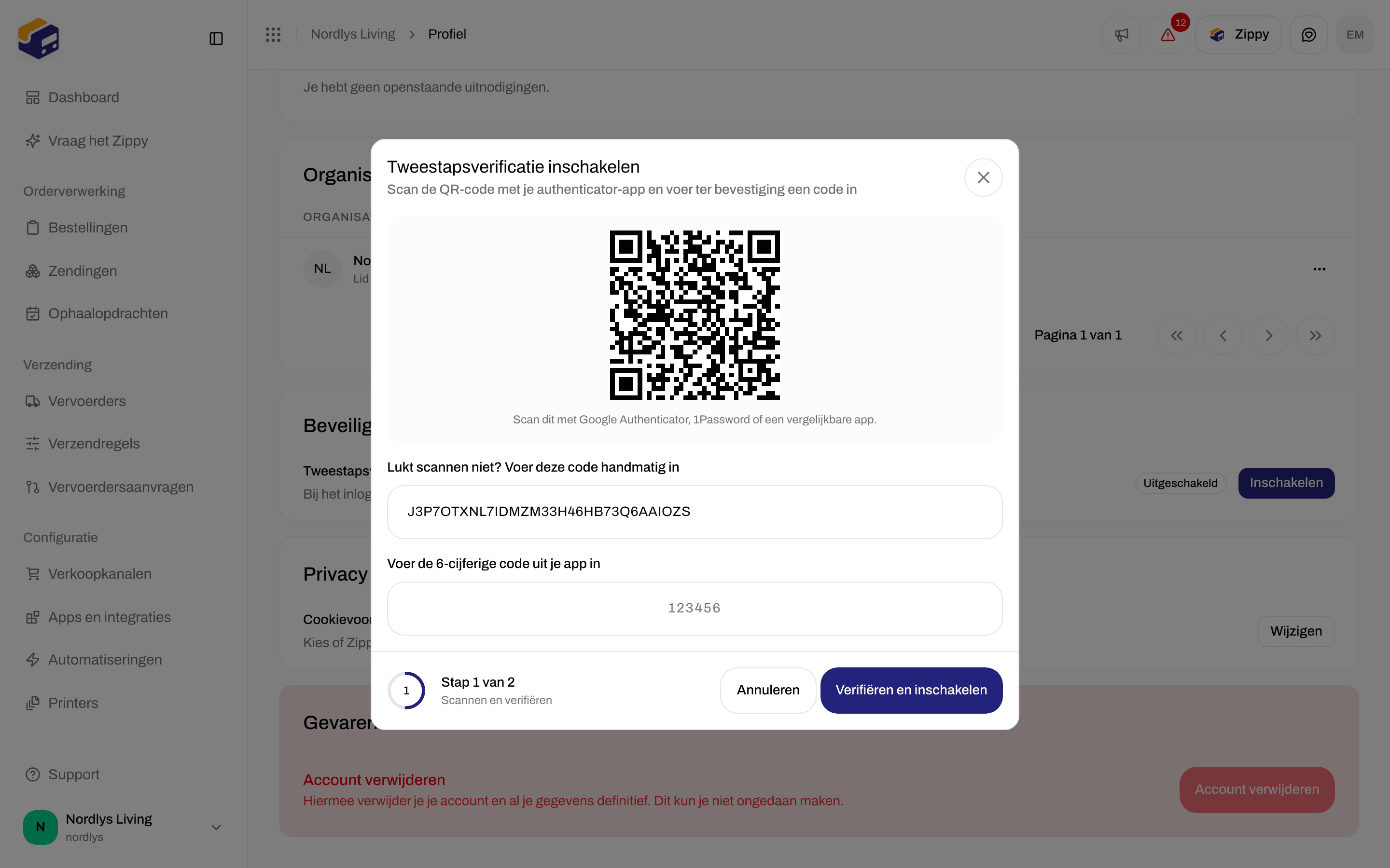 Venster Tweestapsverificatie inschakelen met een QR-code en een veld voor de code van 6 cijfers
