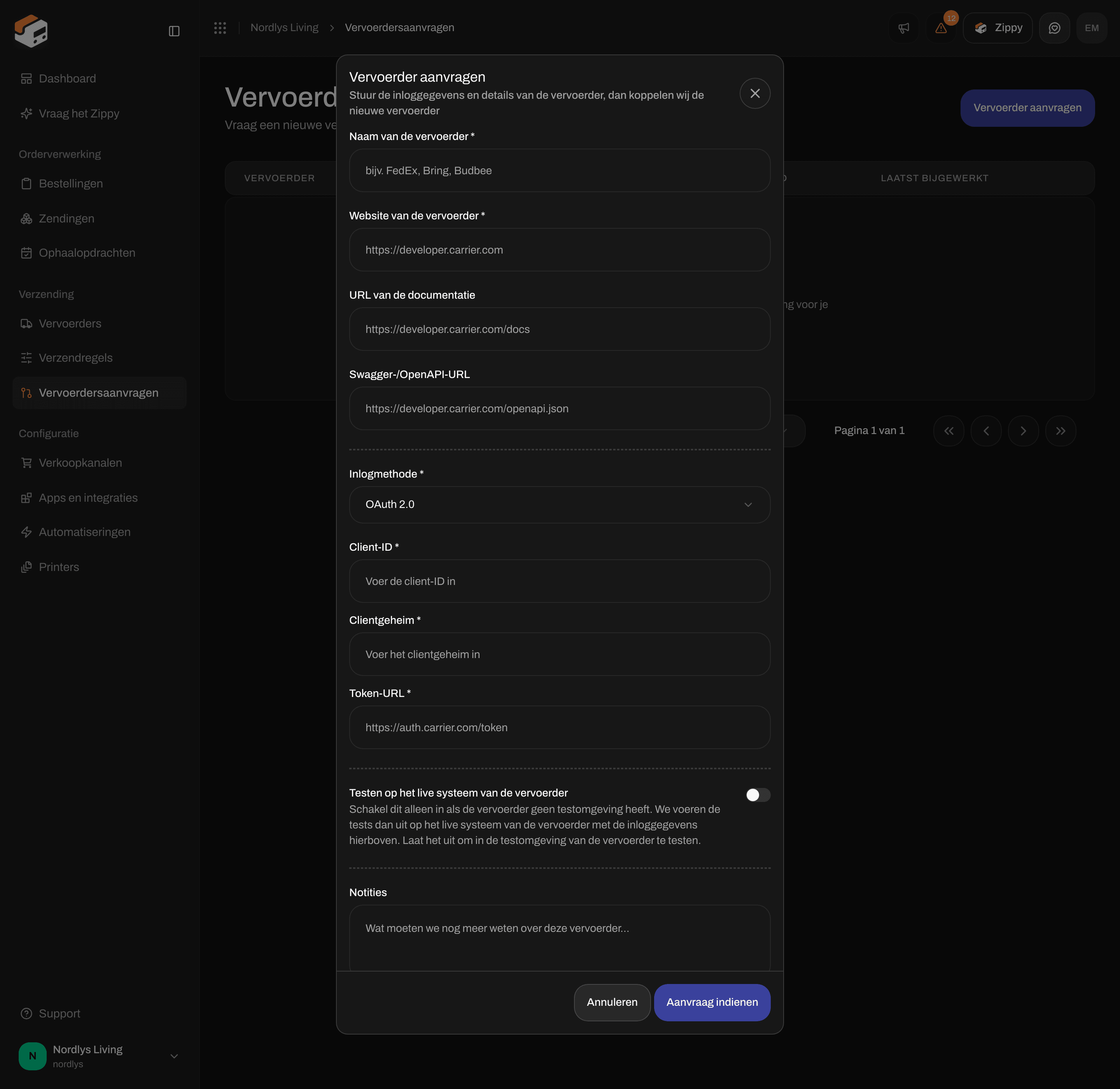 Venster Vervoerder aanvragen met Inlogmethode OAuth 2.0 en de velden Client-ID, Client secret en Token-URL
