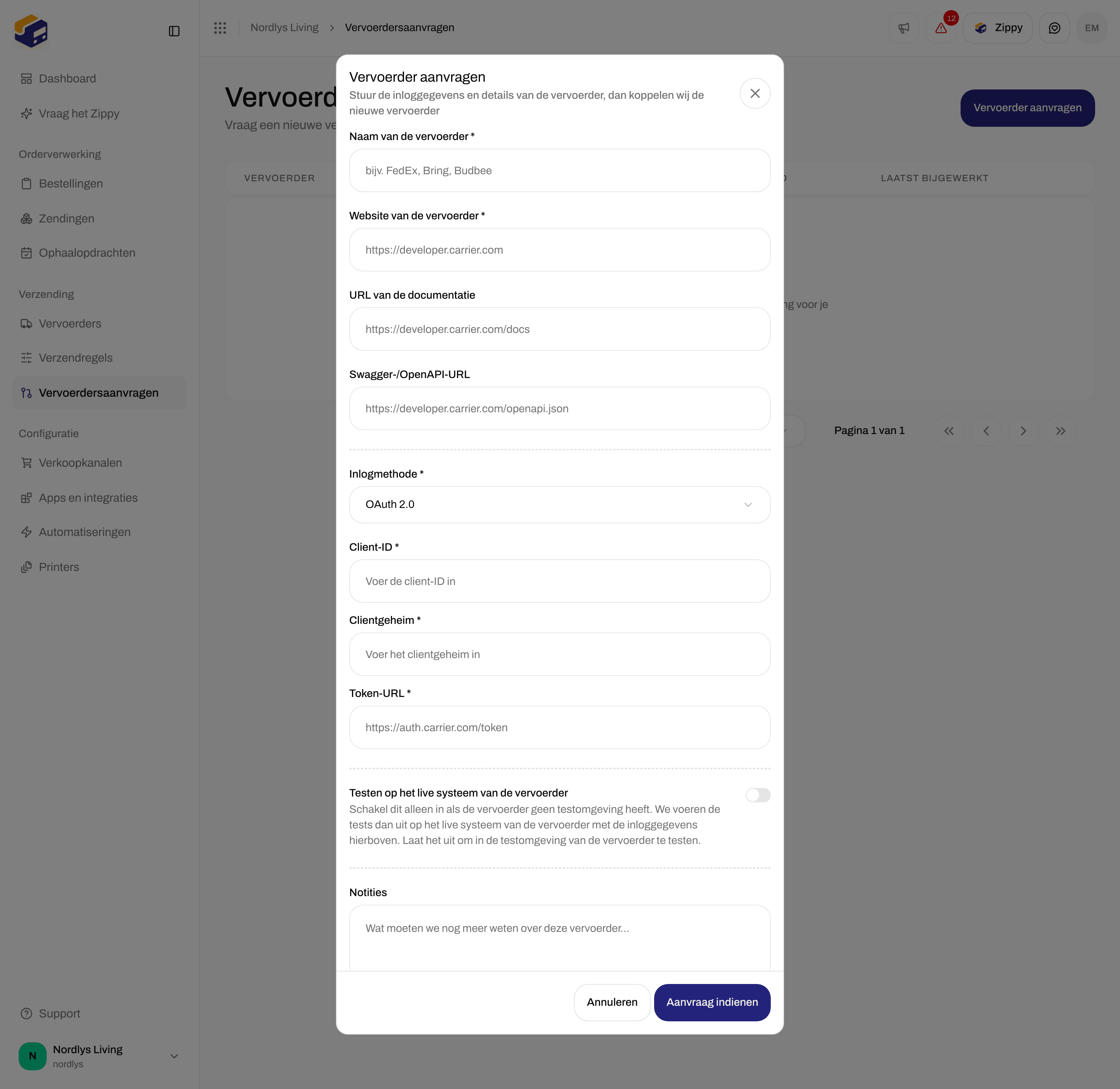 Venster Vervoerder aanvragen met Inlogmethode OAuth 2.0 en de velden Client-ID, Client secret en Token-URL