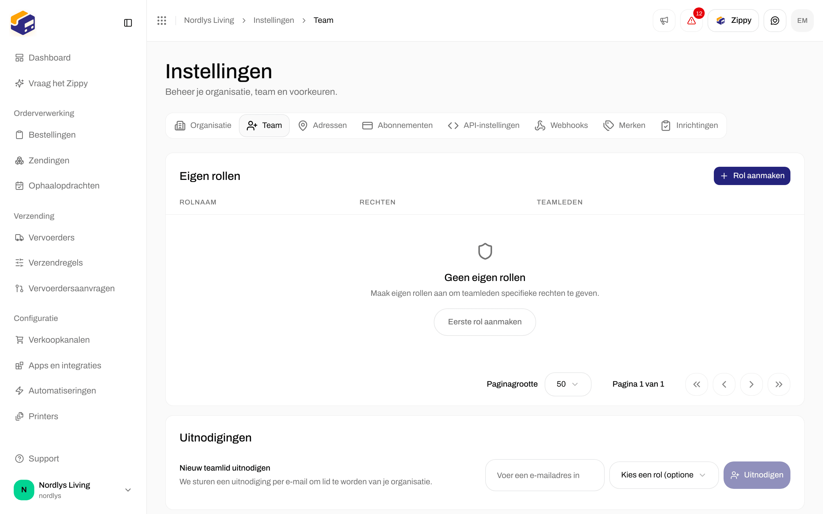 Lege staat van Eigen rollen met Rol aanmaken en Eerste rol aanmaken