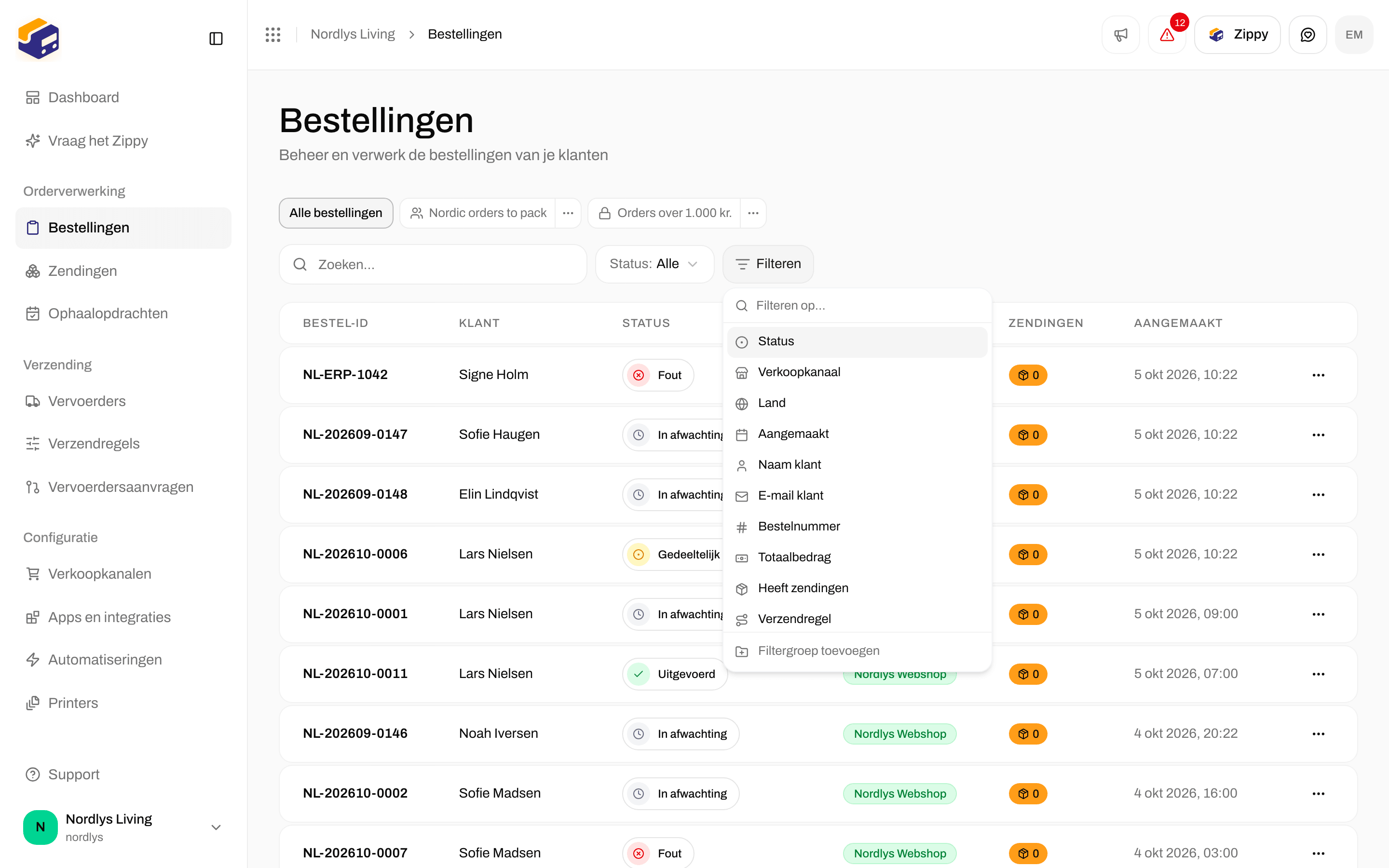 Bestellijst met het menu Filteren open, met Status, Verkoopkanaal, Land, Aangemaakt en meer