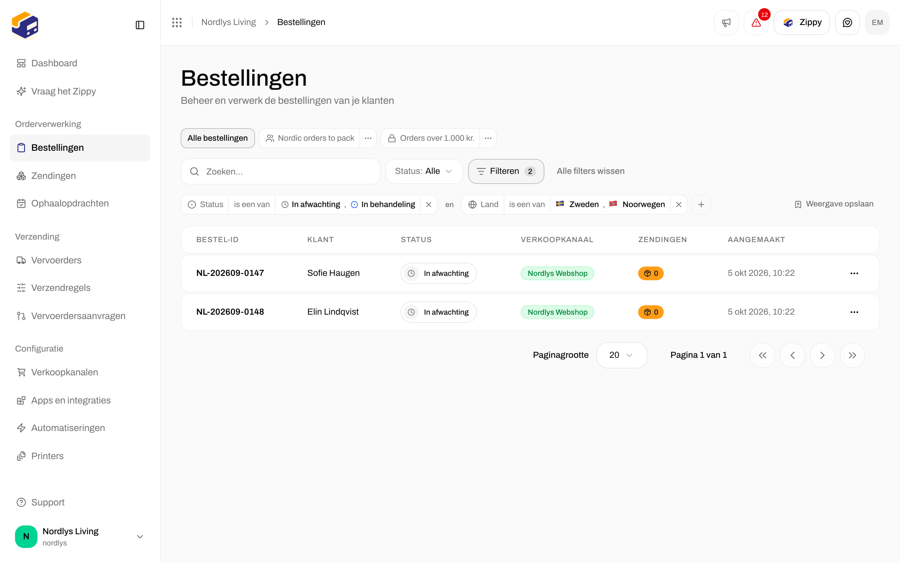 Bestellijst beperkt door een label Status en een label Land, verbonden met het woord en