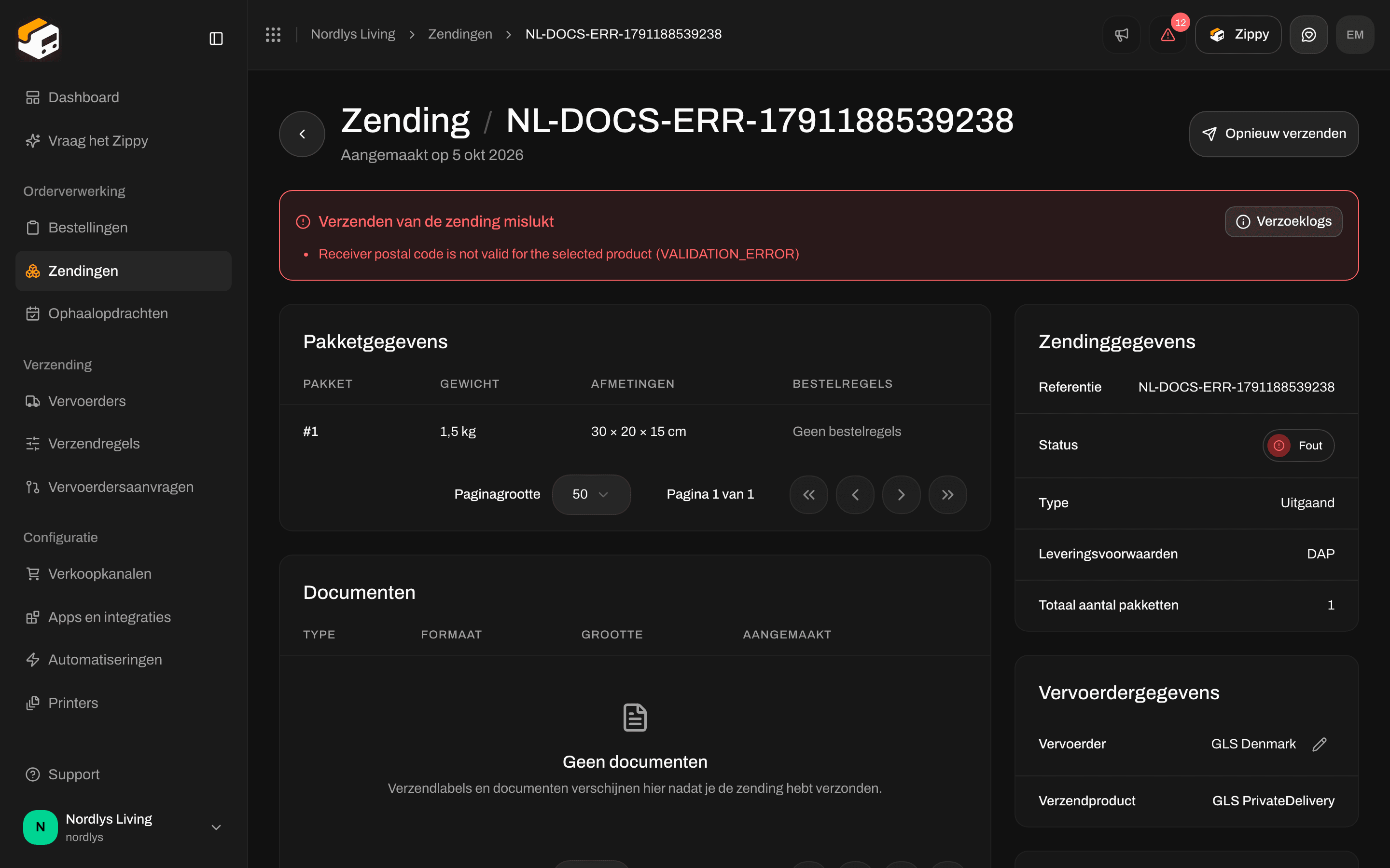 Vak Verzenden van de zending mislukt met Opnieuw verzenden bovenaan de pagina