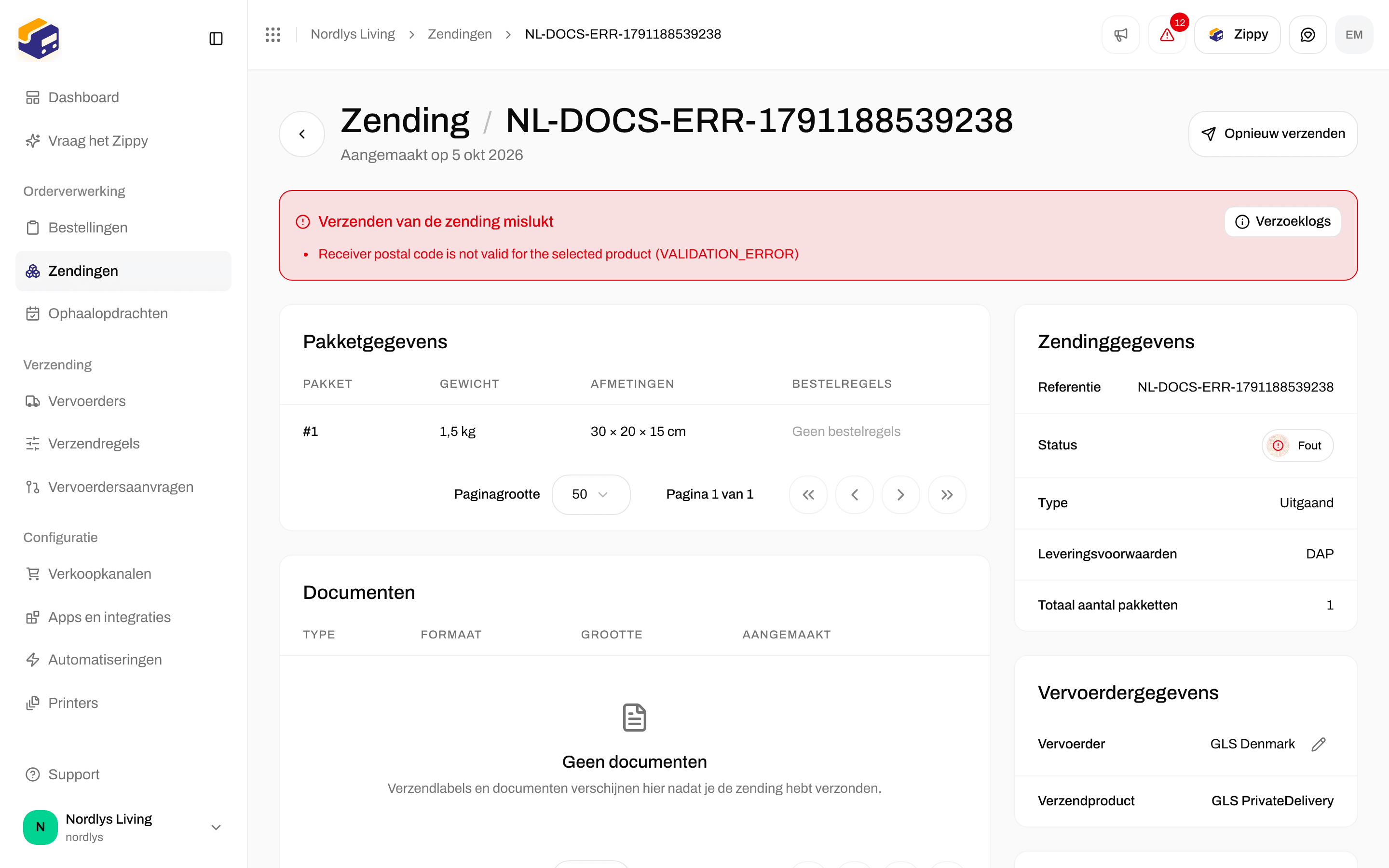 Vak Verzenden van de zending mislukt met Opnieuw verzenden bovenaan de pagina