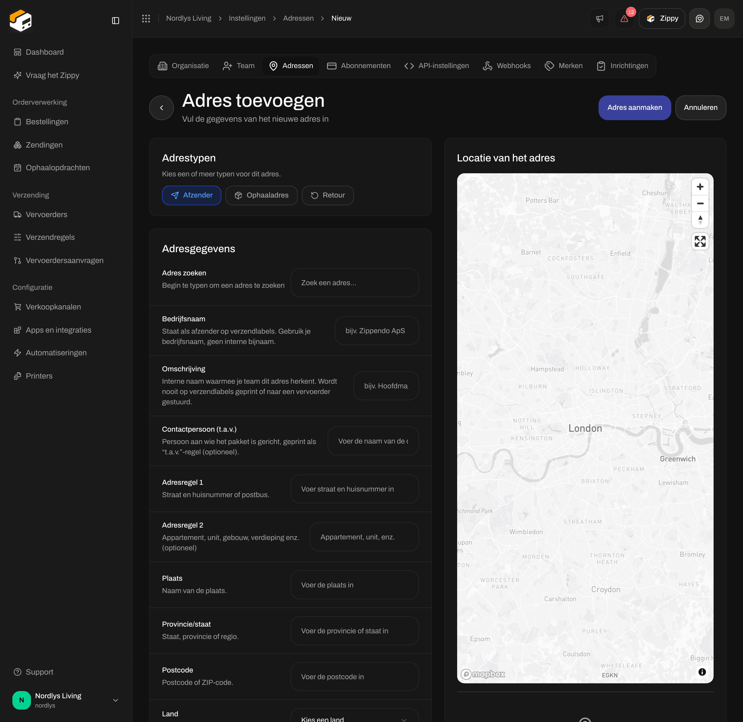 Formulier Adres toevoegen met Adrestypen, Adresgegevens en de kaart Locatie van het adres