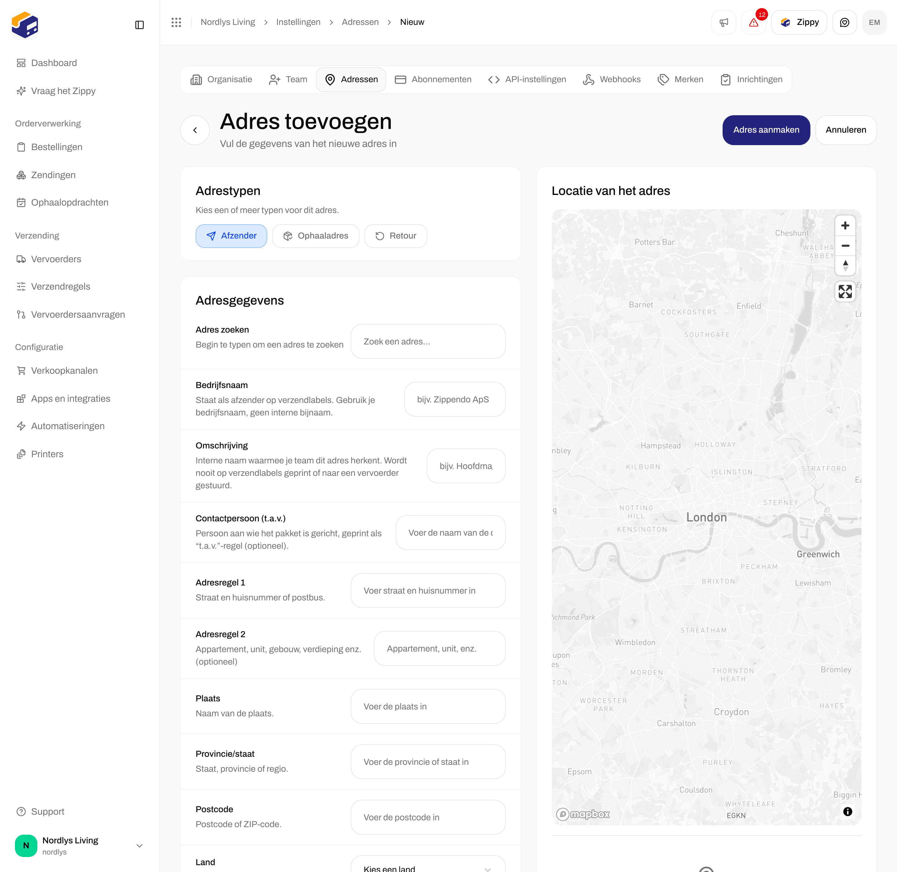 Formulier Adres toevoegen met Adrestypen, Adresgegevens en de kaart Locatie van het adres