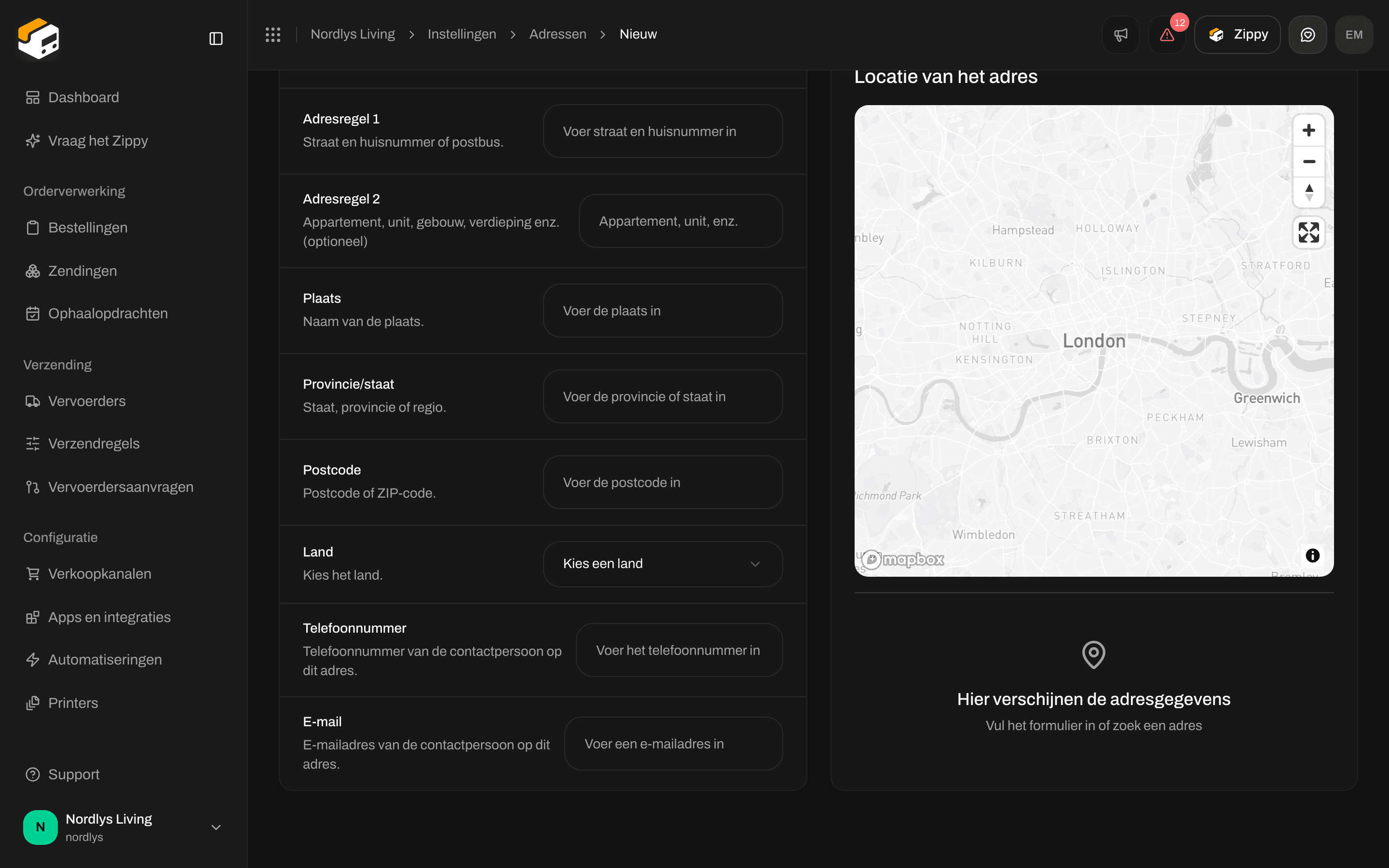 Overige velden van Adres toevoegen: Adresregel 2, Plaats, Provincie/staat, Postcode, Land, Telefoonnummer, E-mail