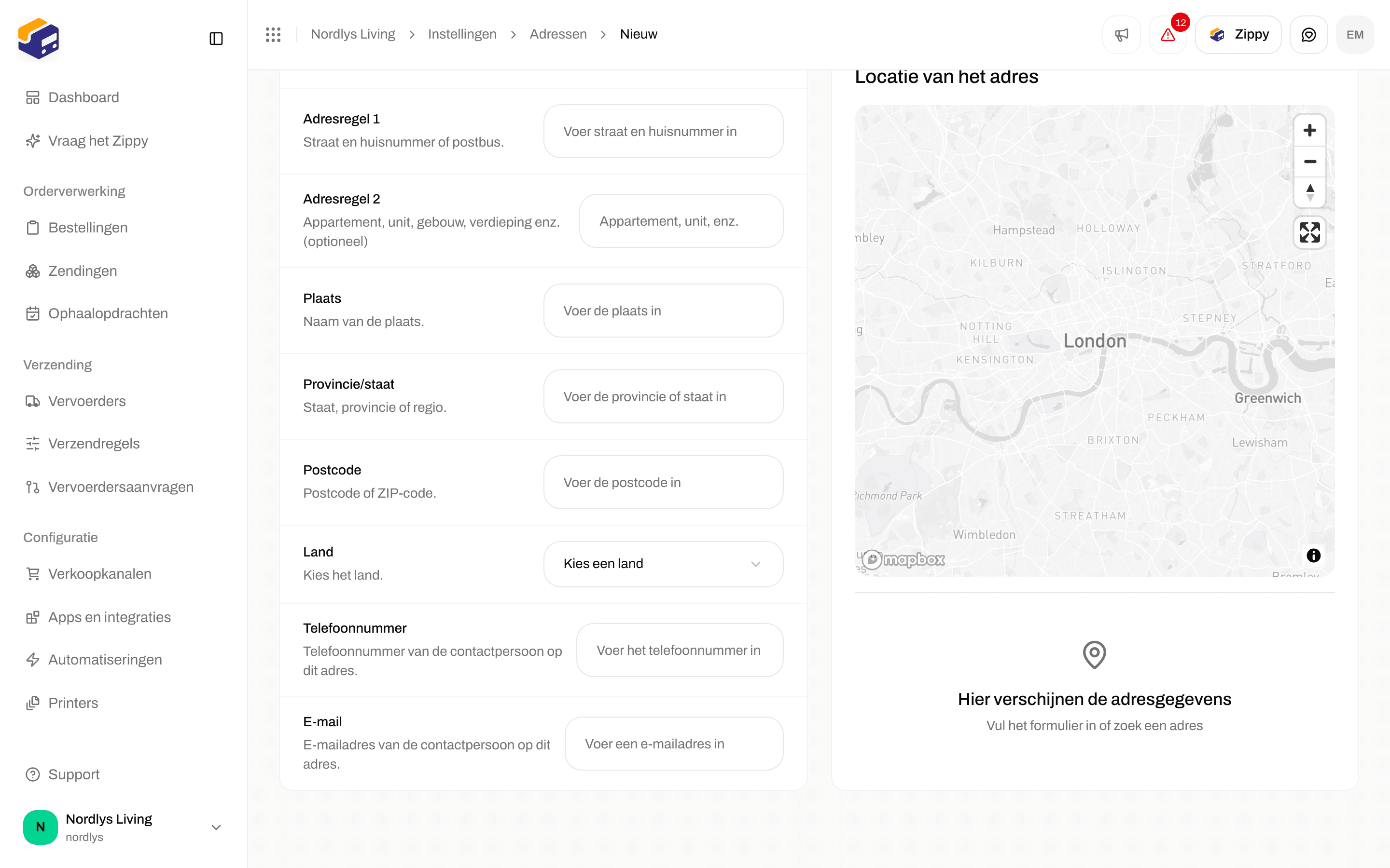 Overige velden van Adres toevoegen: Adresregel 2, Plaats, Provincie/staat, Postcode, Land, Telefoonnummer, E-mail