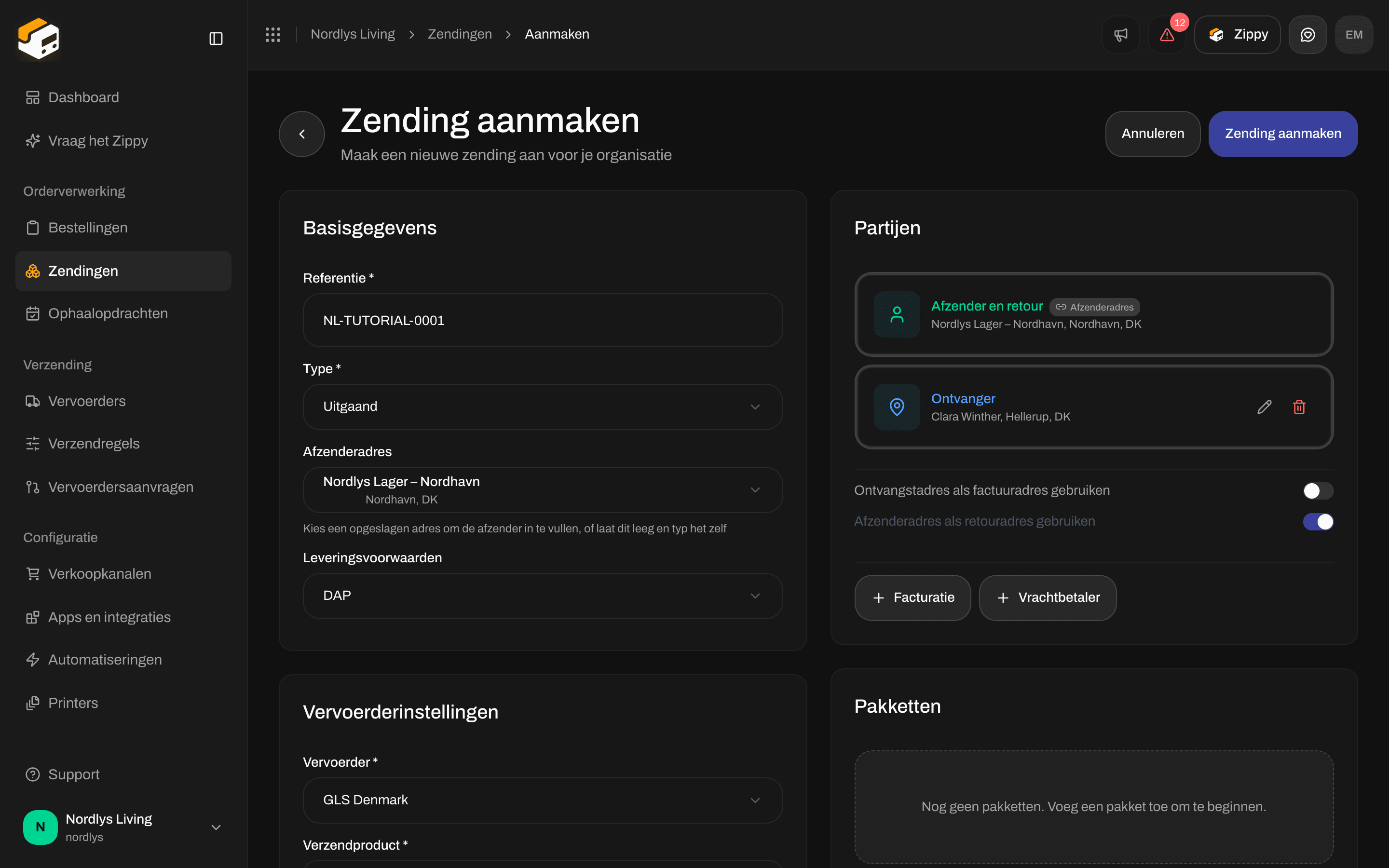 Kaart Partijen met Afzender en Retour vergrendeld vanuit het afzenderadres, een rij Ontvanger en de schakelaars voor hetzelfde adres