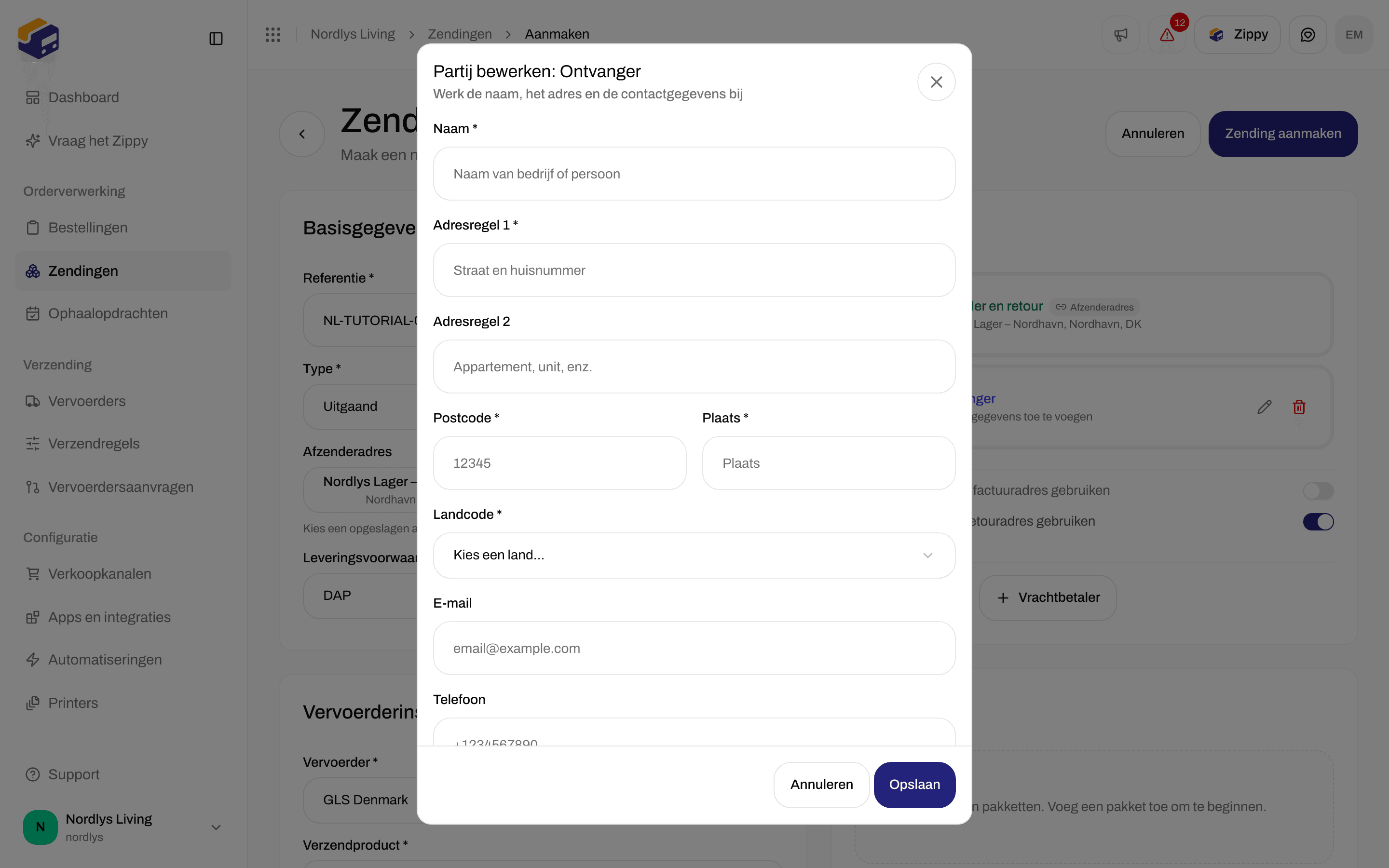 Venster Partij bewerken: Ontvanger met naam, adres, postcode, plaats, landkiezer, e-mail en telefoon