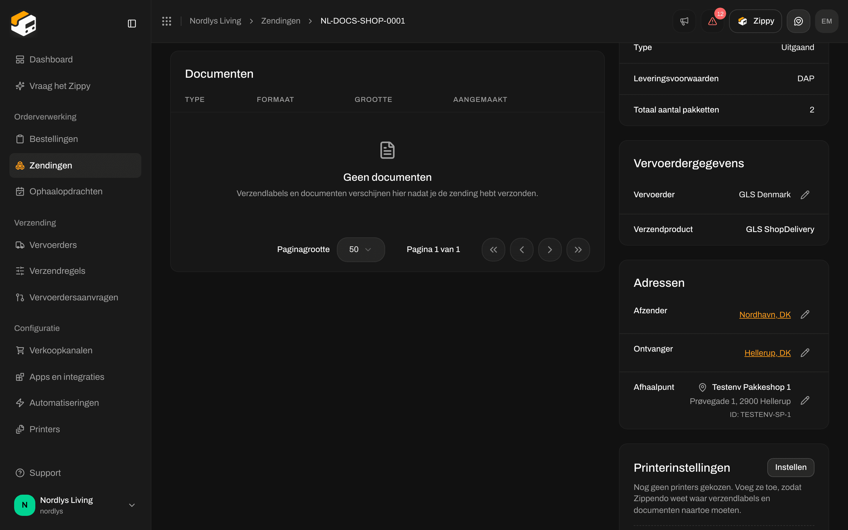 Adressen van een zending met rijen Afzender en Ontvanger en potloodknoppen