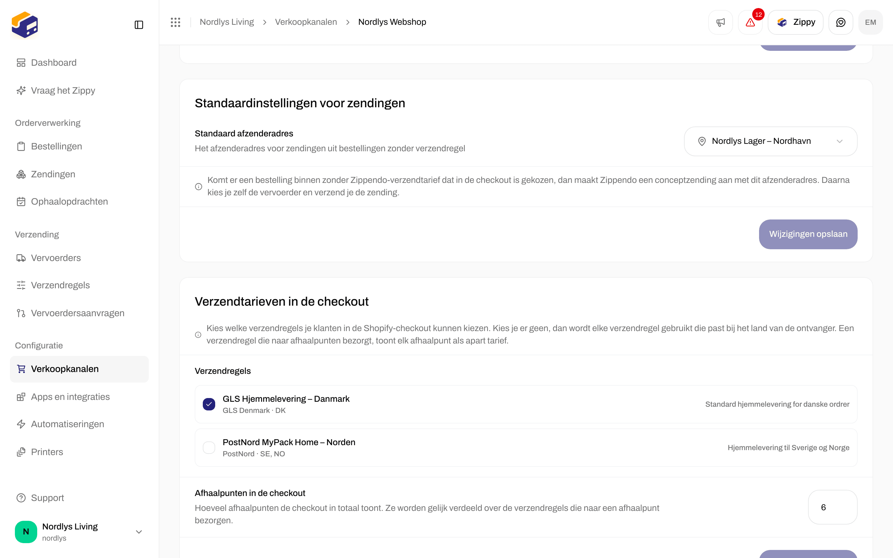 Verzendtarieven in de checkout met selectievakjes voor verzendregels en Afhaalpunten in de checkout ingesteld op 6