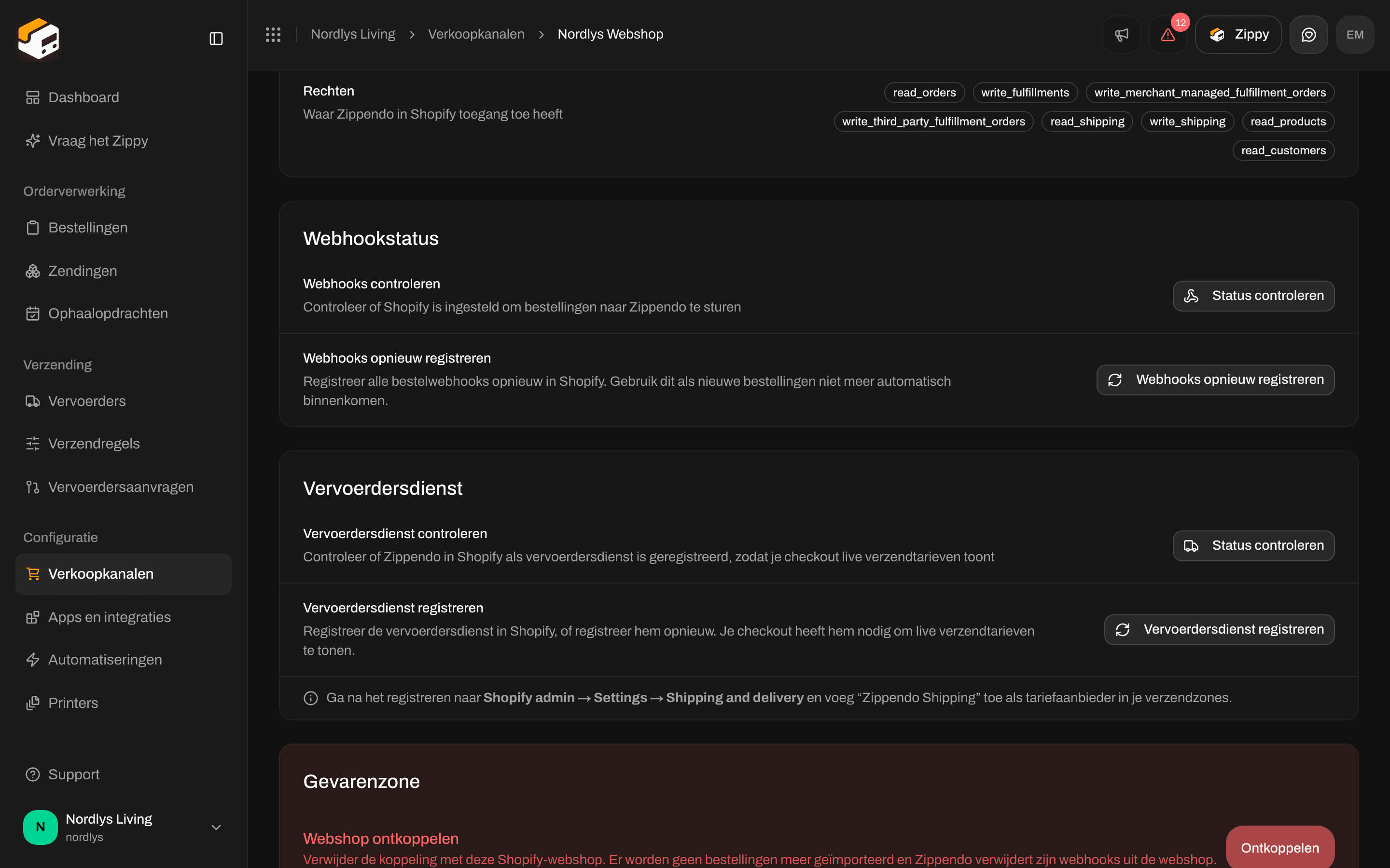Tabblad Koppeling en integratie van Shopify met de kaart Vervoerdersdienst, Status controleren en Vervoerdersdienst registreren