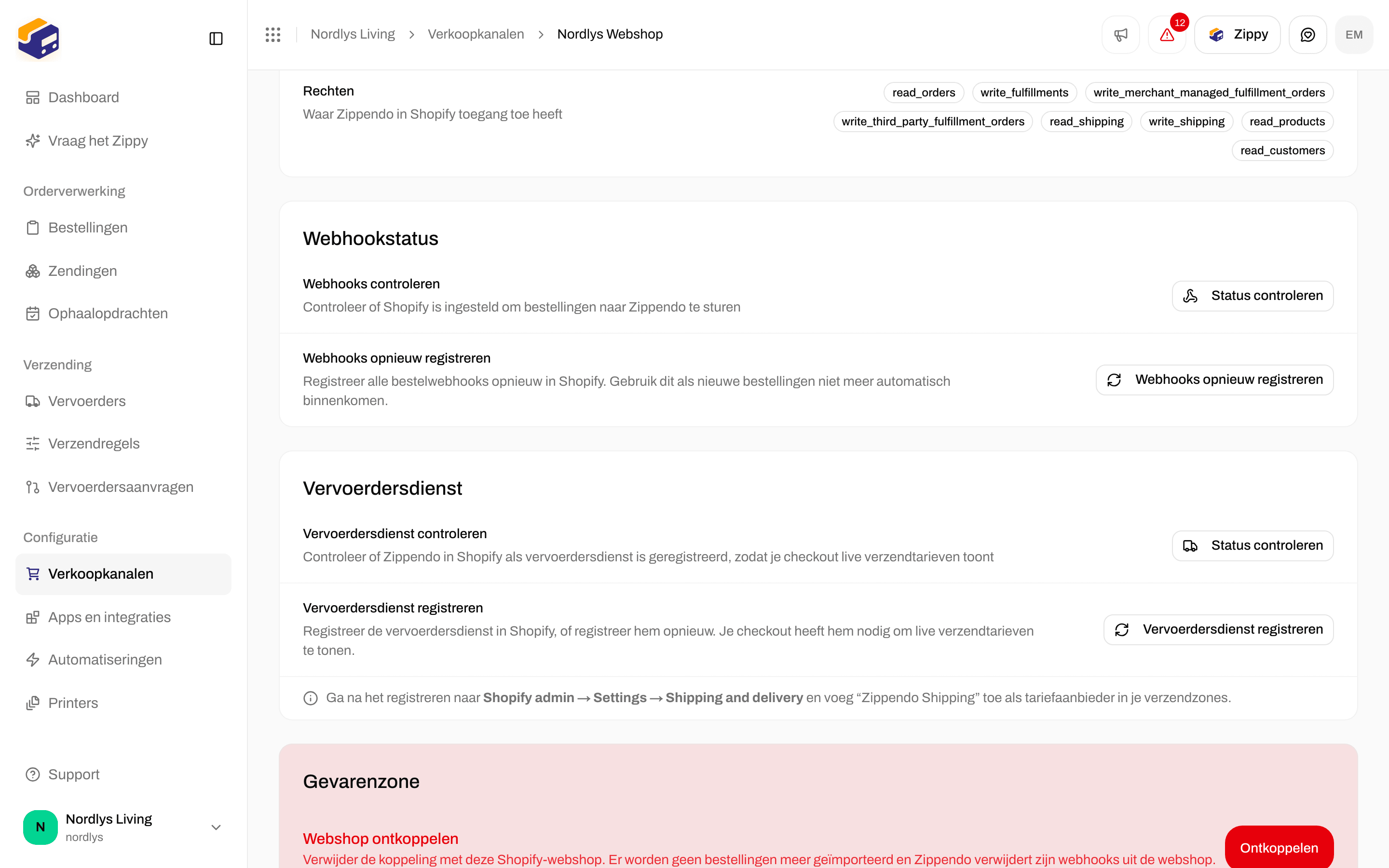 Tabblad Koppeling en integratie van Shopify met de kaart Vervoerdersdienst, Status controleren en Vervoerdersdienst registreren