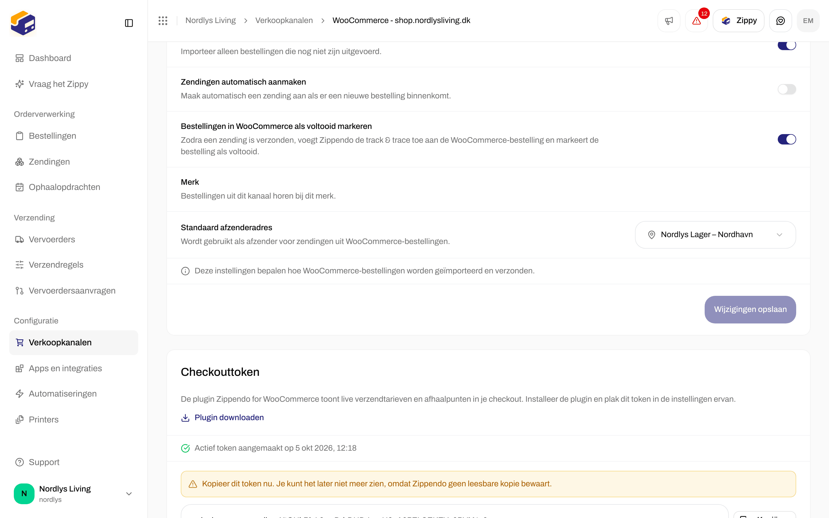 Kaart Checkouttoken met de eenmalige waarschuwing, het zck_-token, Kopiëren, Intrekken en Token vervangen