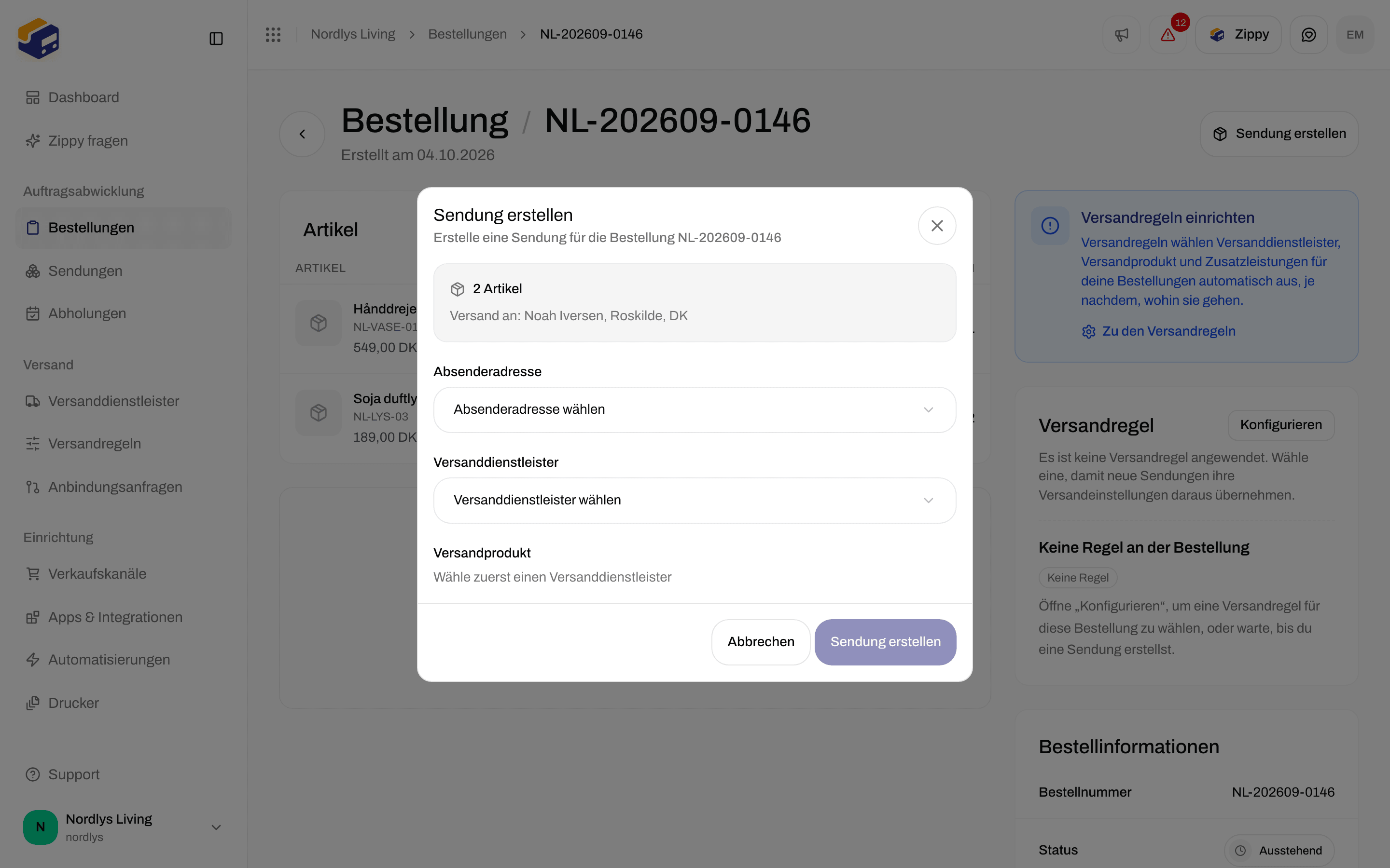 Fenster Sendung erstellen mit den Feldern Absenderadresse, Versanddienstleister und Versandprodukt