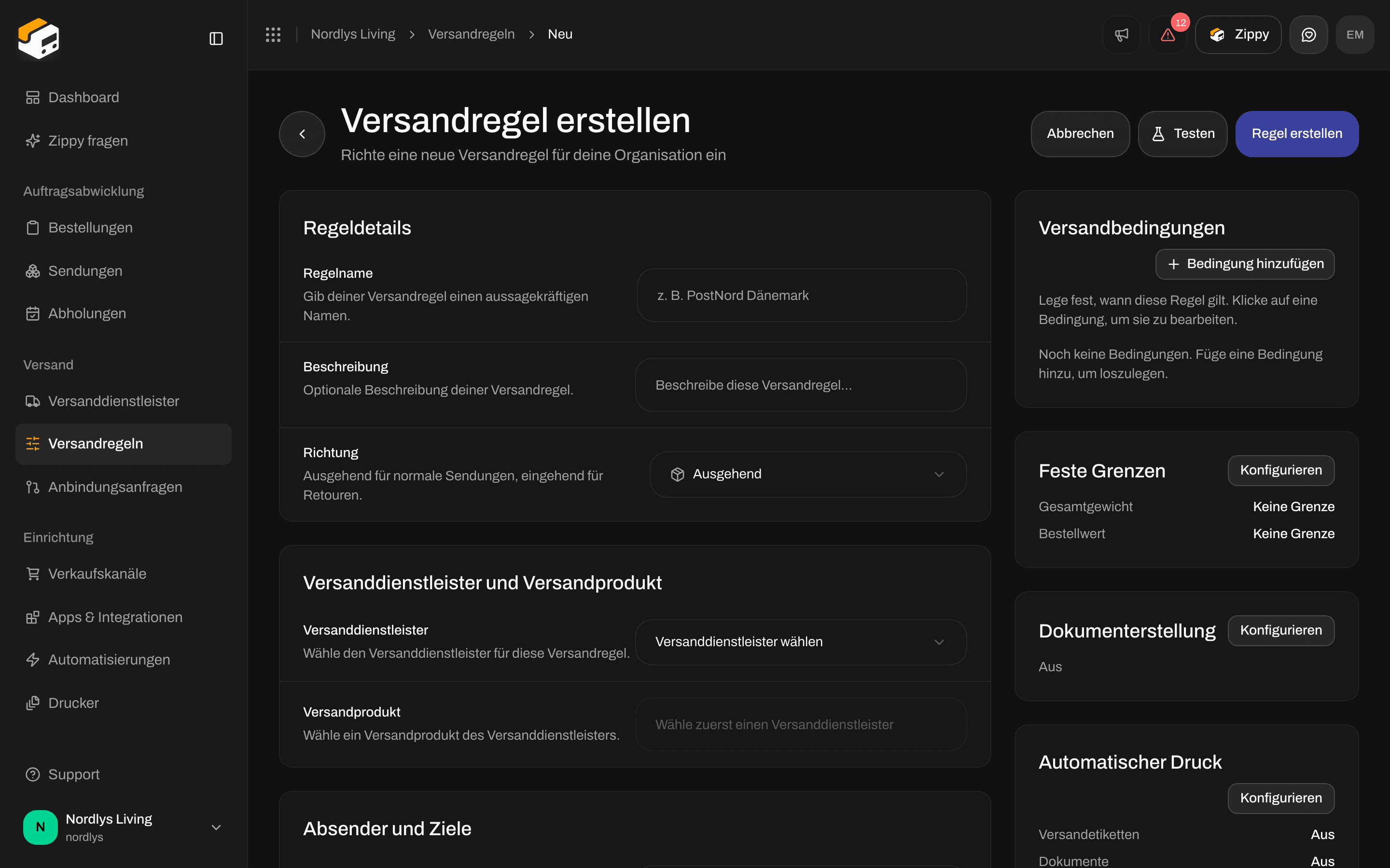 Formular Versandregel erstellen mit Richtung auf Ausgehend und der Beschreibung, die die eingehende Option für Retouren erklärt