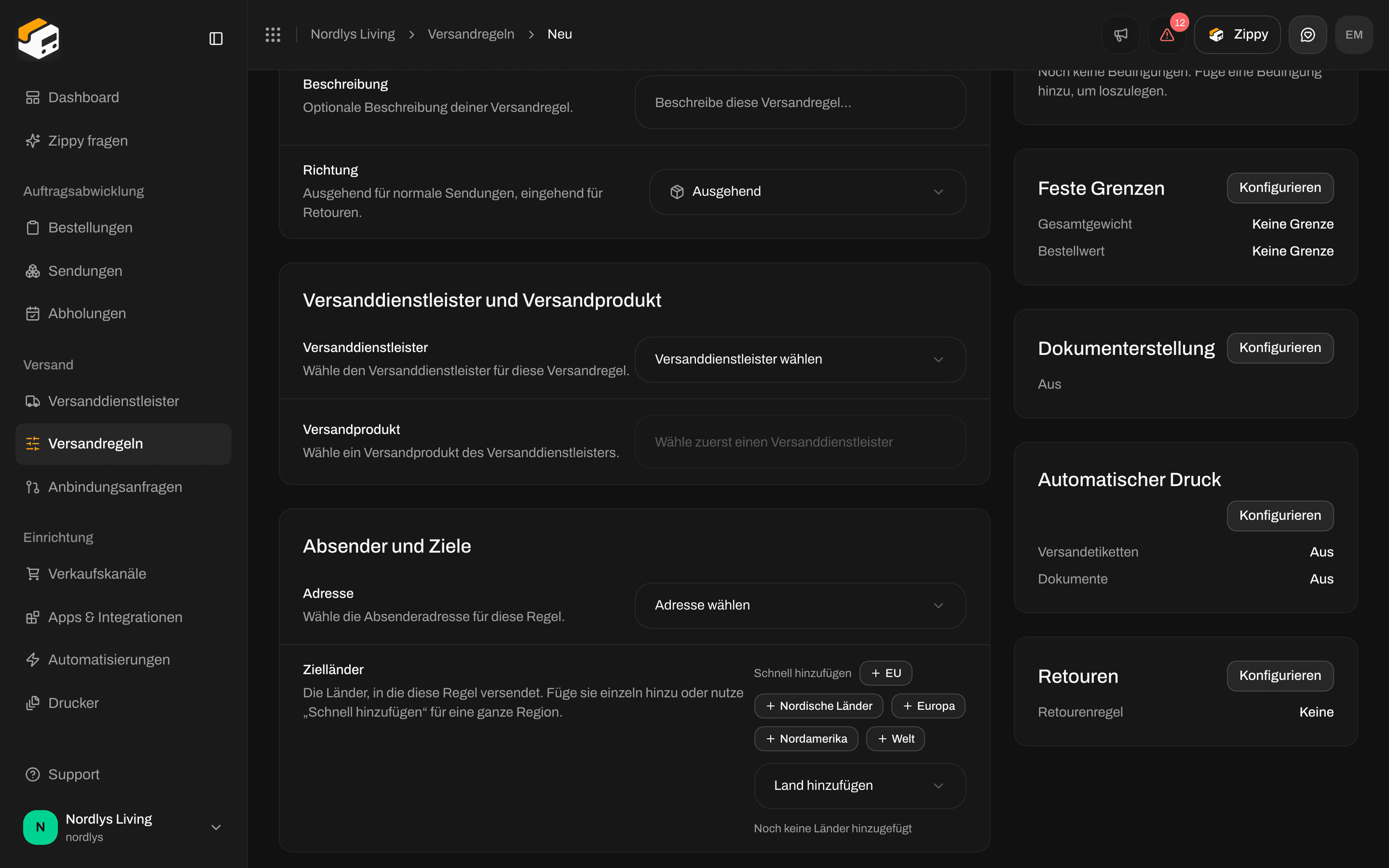 Bereich Retouren mit der Versandregel für Retouren auf Keine, unter Automatischer Druck