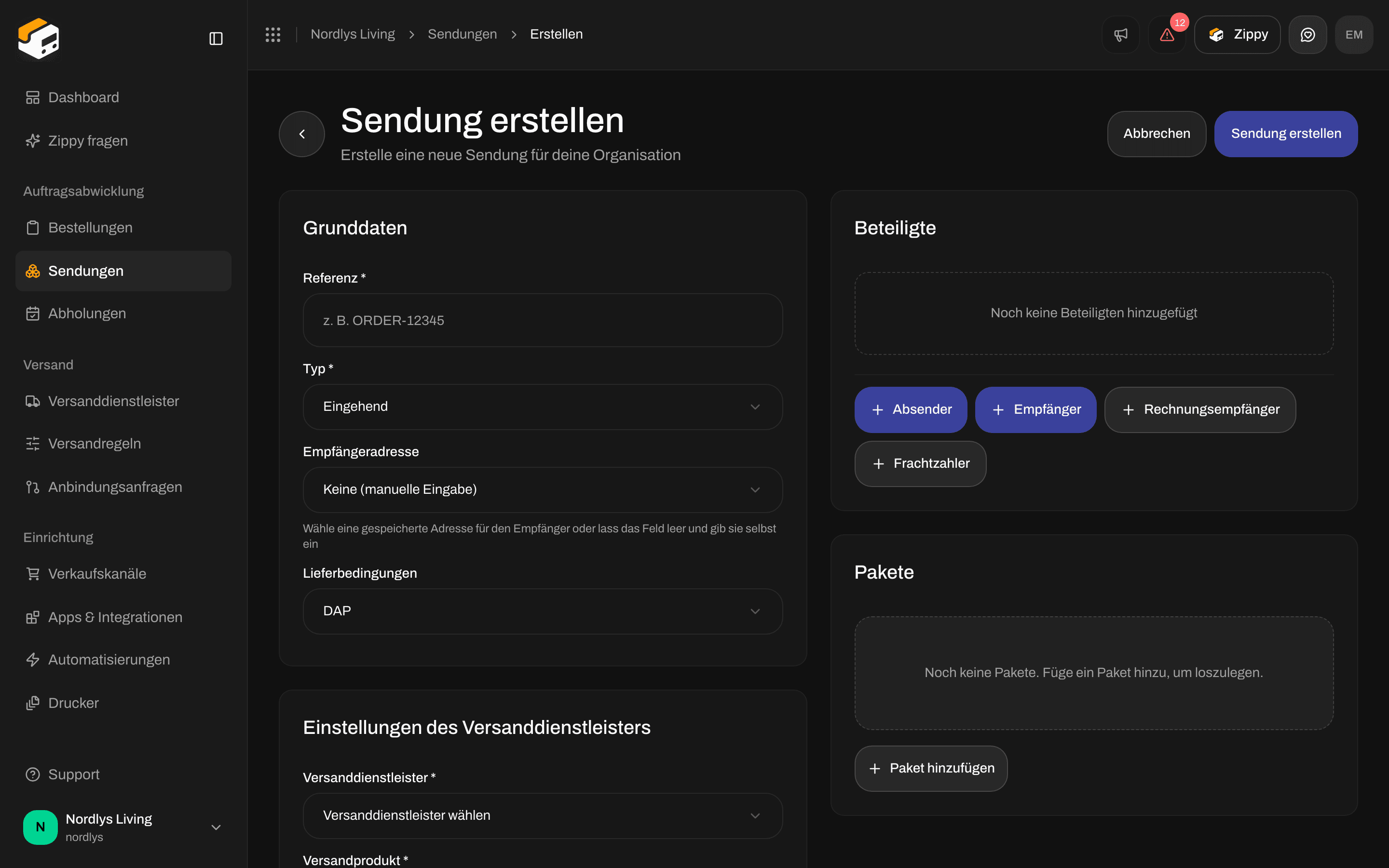 Formular Sendung erstellen mit Typ Eingehend und Empfängeradresse