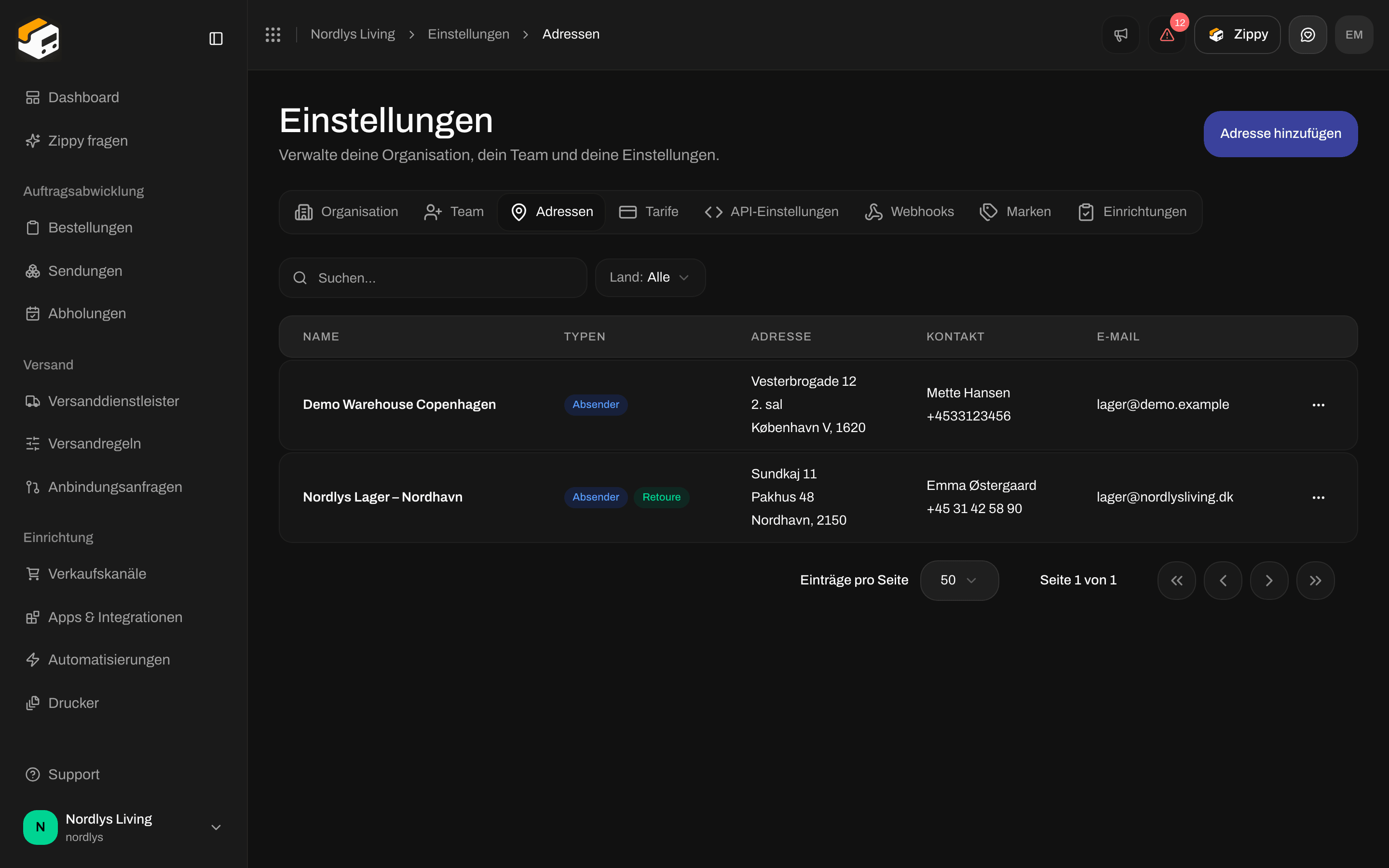Adressliste mit den Typen Absender und Retoure in den Zeilen