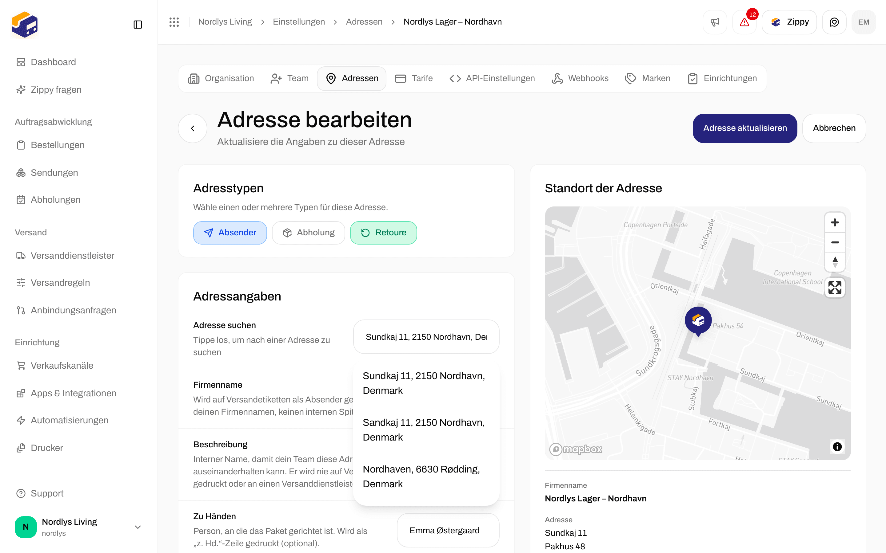 Adresse bearbeiten mit den Adresstypen Absender, Abholung und Retoure, Retoure angehakt