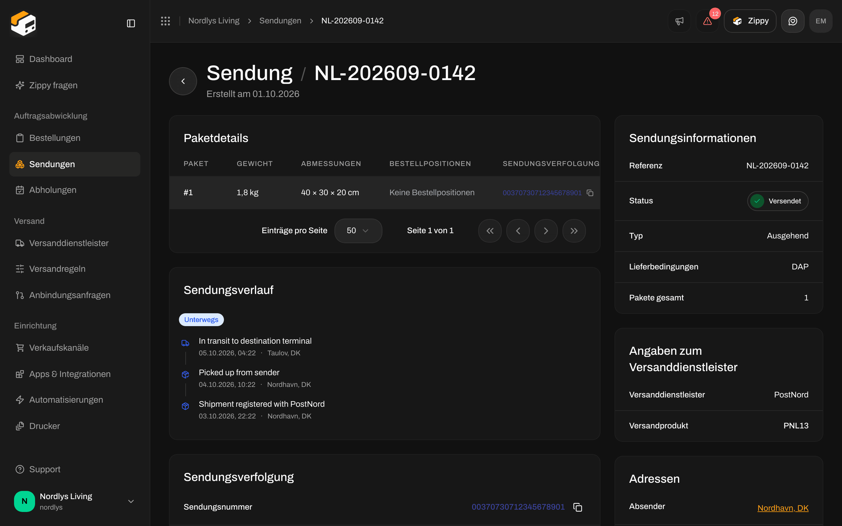 Überblick einer versendeten ausgehenden Sendung ohne Retourenregel, deshalb gibt es keinen Button Retourensendung erstellen