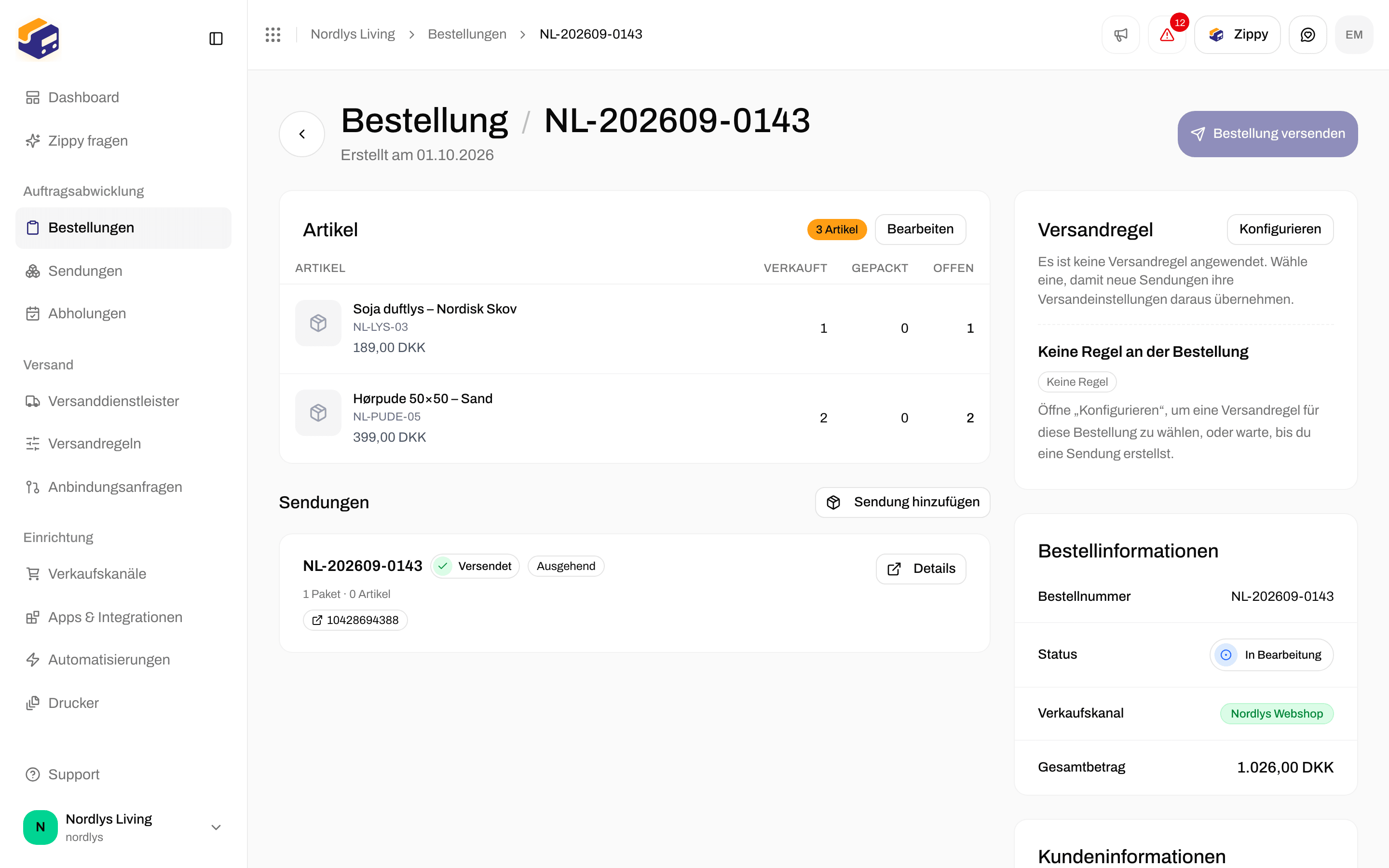 Bereich Sendungen der Bestellung mit der Karte einer versendeten ausgehenden Sendung und Details