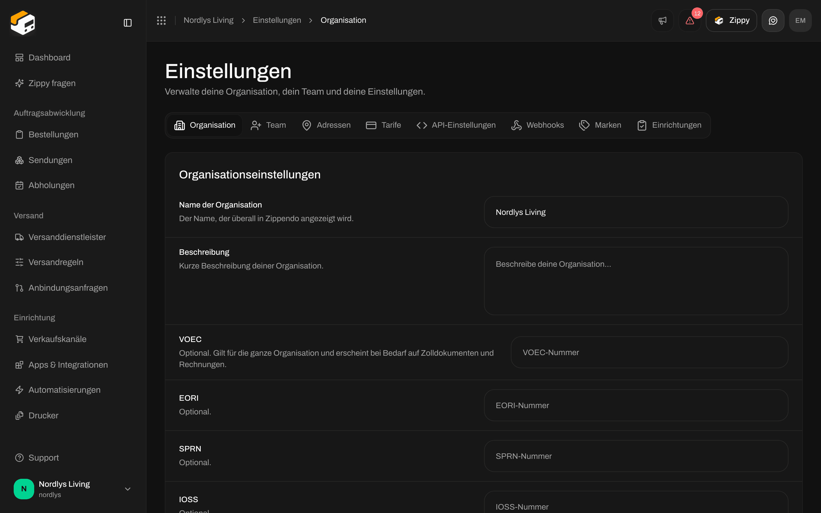 Organisationseinstellungen für eine Beispielorganisation mit den optionalen Feldern VOEC, EORI, SPRN und IOSS