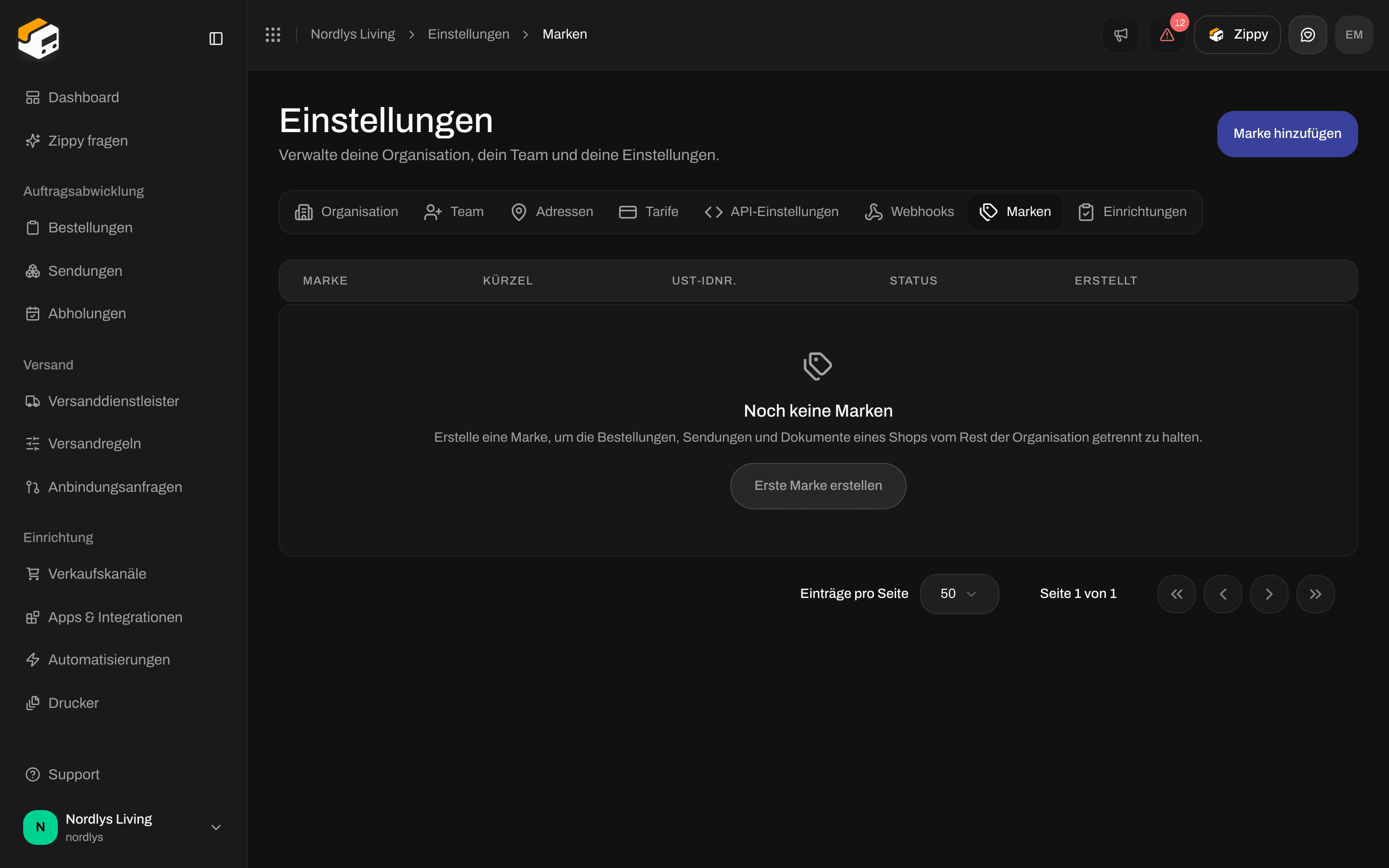 Tab Marken im leeren Zustand mit Erste Marke erstellen und einer Schaltfläche Marke hinzufügen