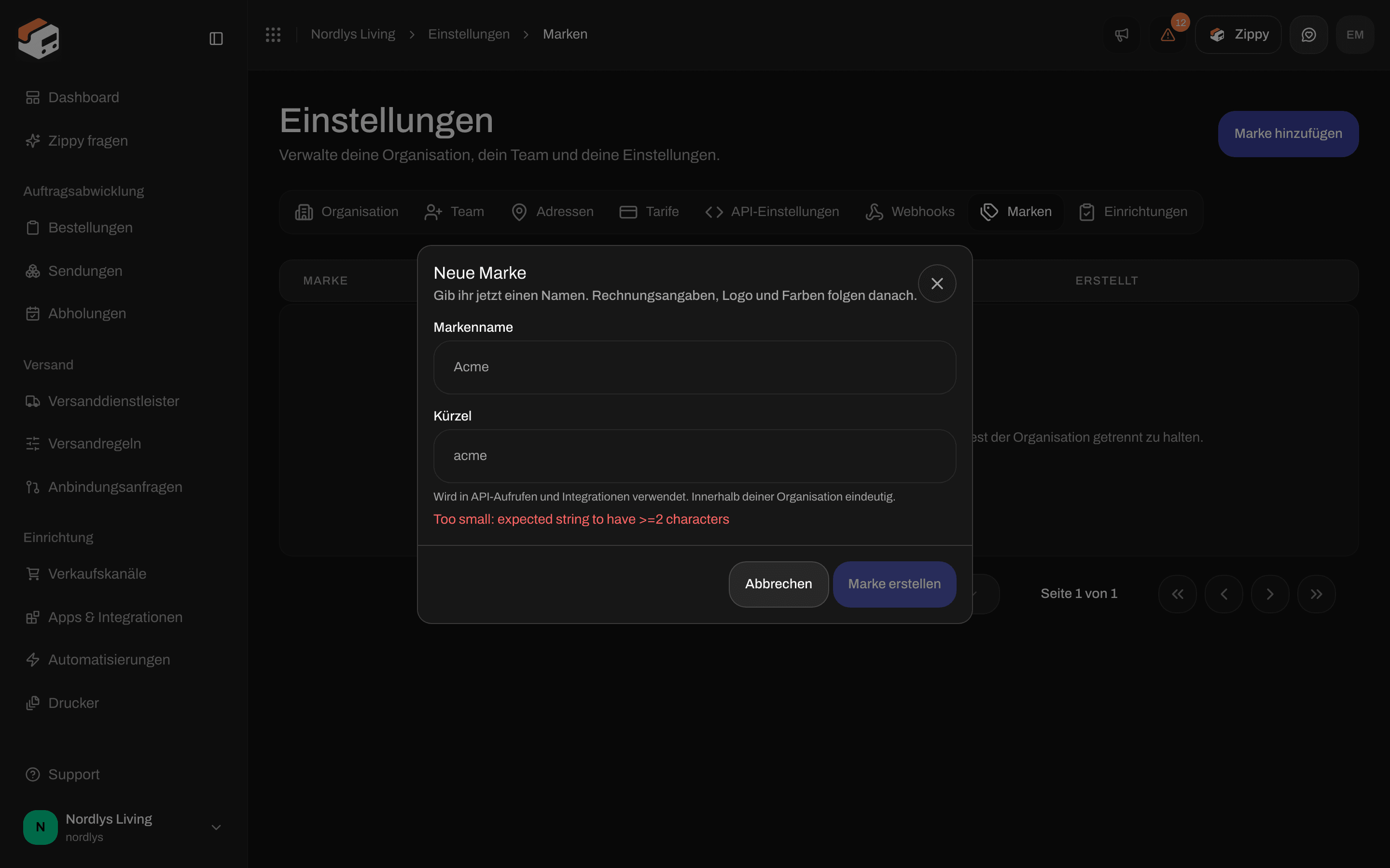 Fenster Neue Marke mit den Feldern Markenname und Kürzel