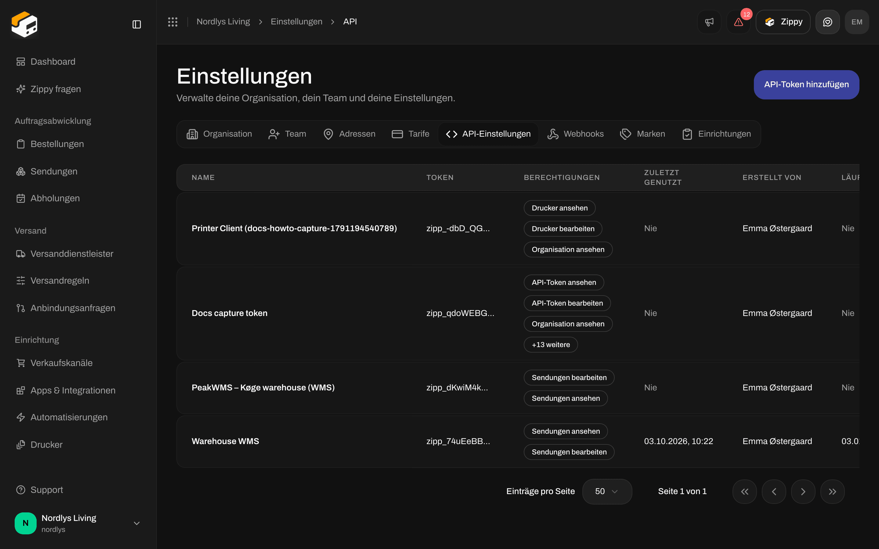 API-Token im leeren Zustand mit Ersten Token erstellen und API-Token hinzufügen