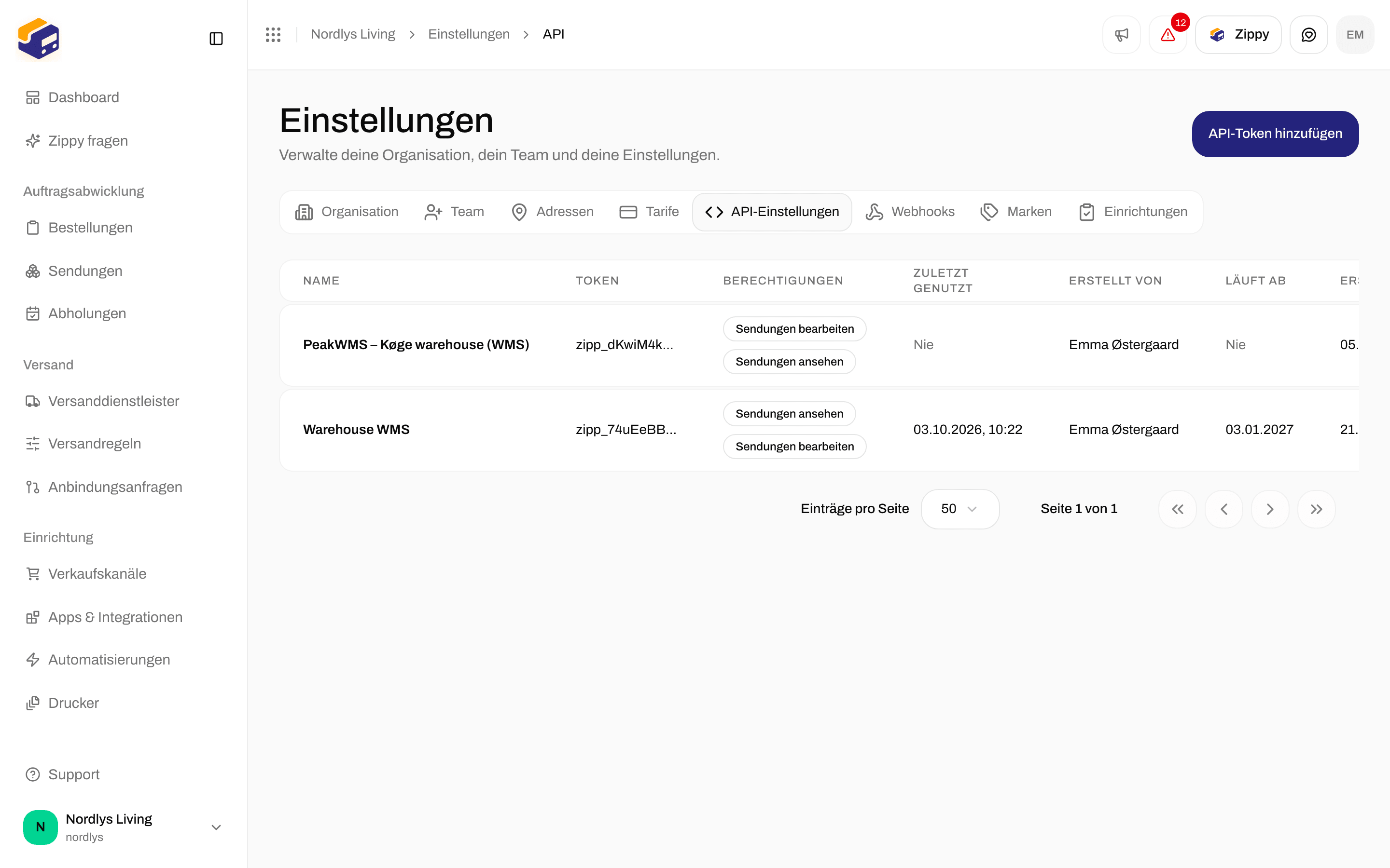 API-Token im leeren Zustand mit Ersten Token erstellen und API-Token hinzufügen