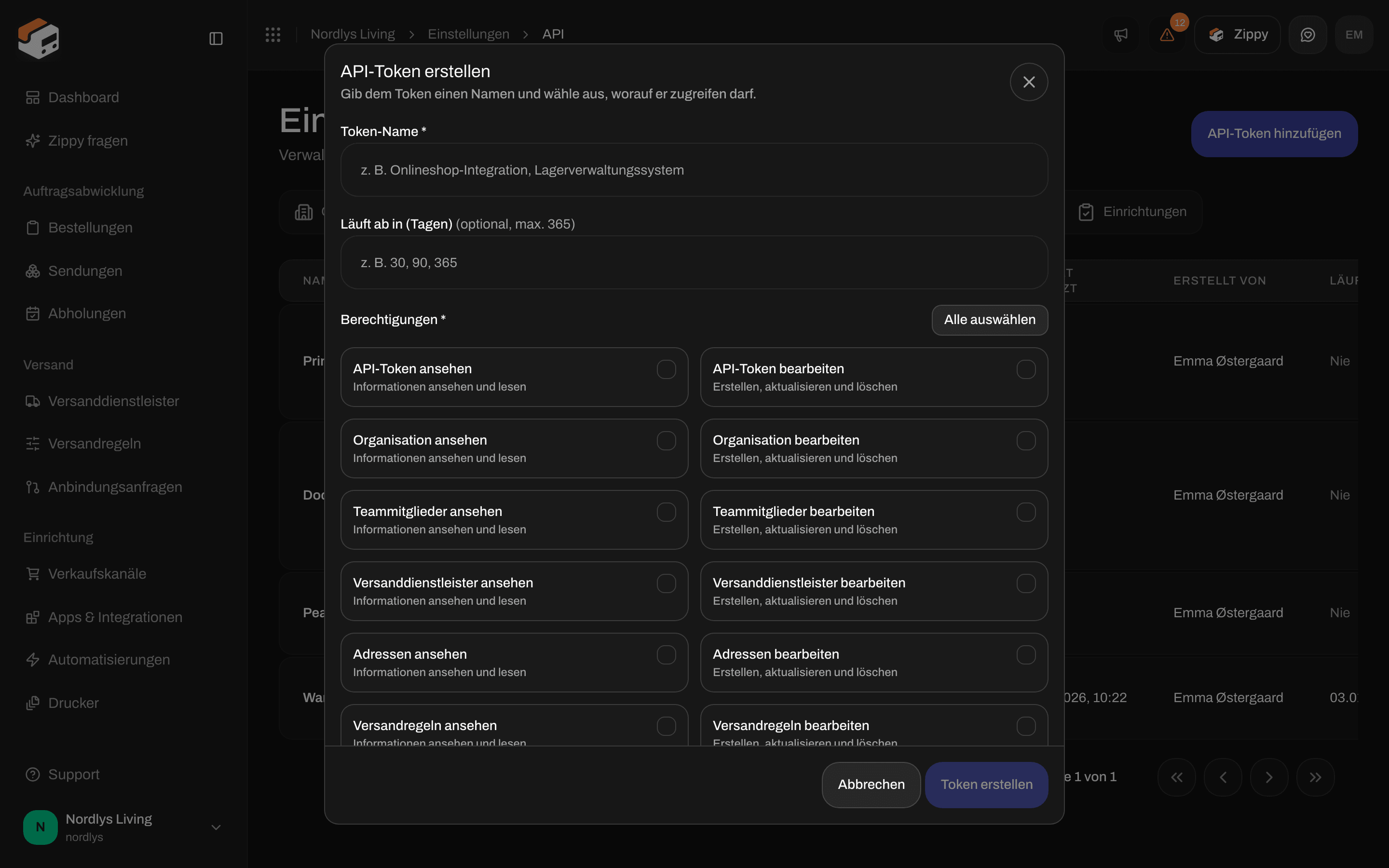 Fenster API-Token erstellen mit Tokenname, Läuft ab in (Tagen) und Kontrollkästchen für Berechtigungen