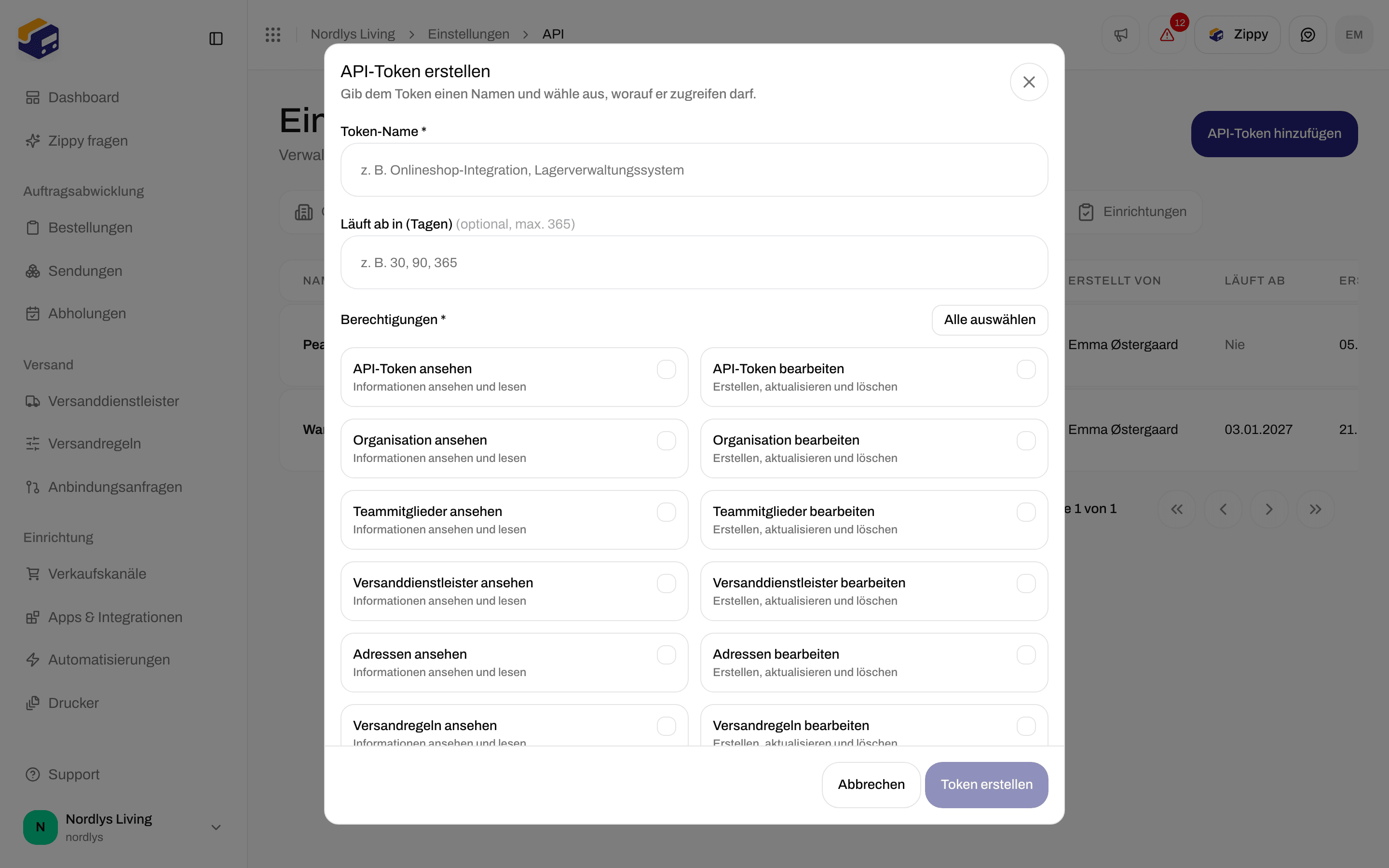 Fenster API-Token erstellen mit Tokenname, Läuft ab in (Tagen) und Kontrollkästchen für Berechtigungen