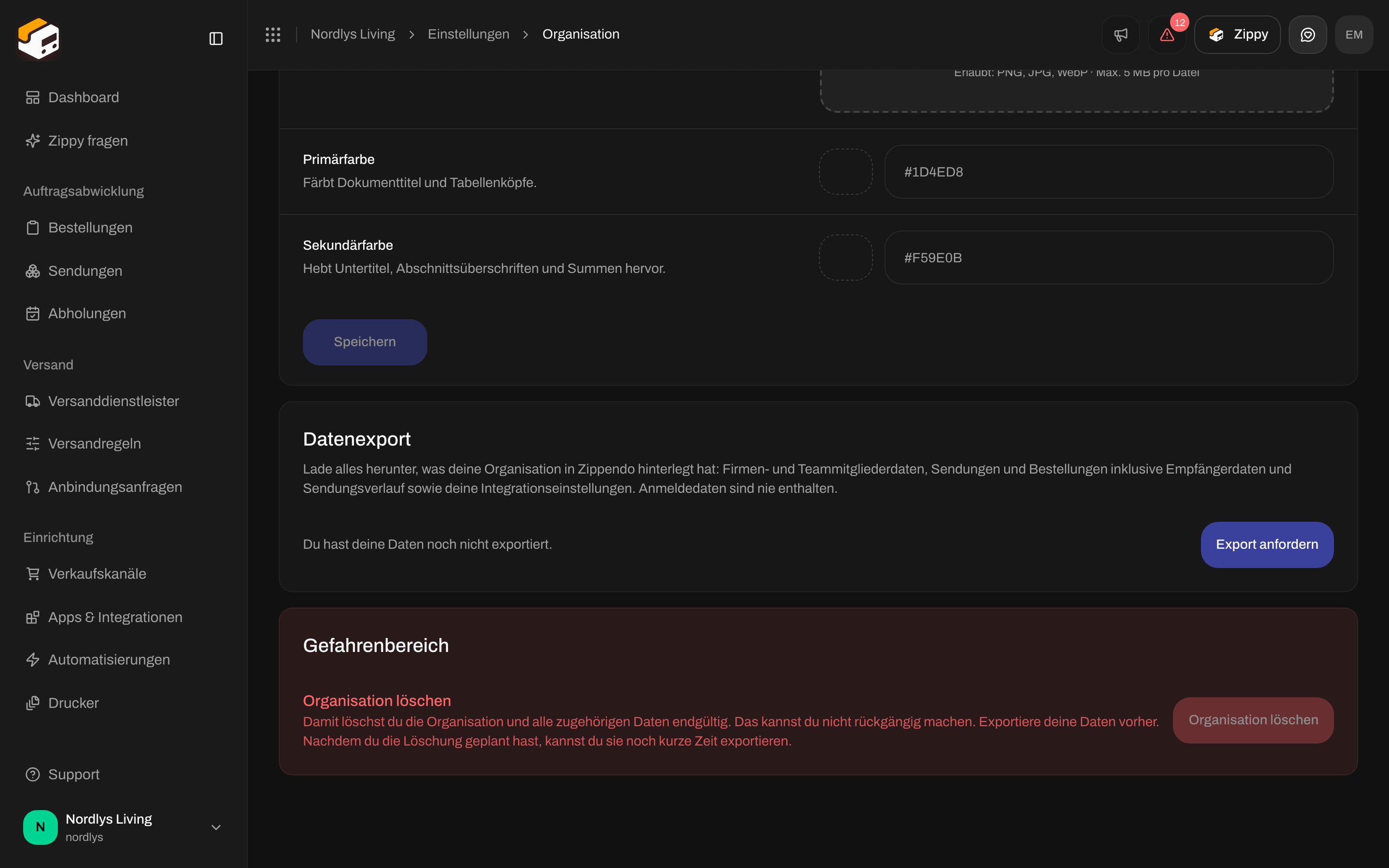 Tab Organisation, gescrollt zu den Branding-Farben, dem Datenexport mit Export anfordern und dem Gefahrenbereich mit einer ausgegrauten Schaltfläche Organisation löschen