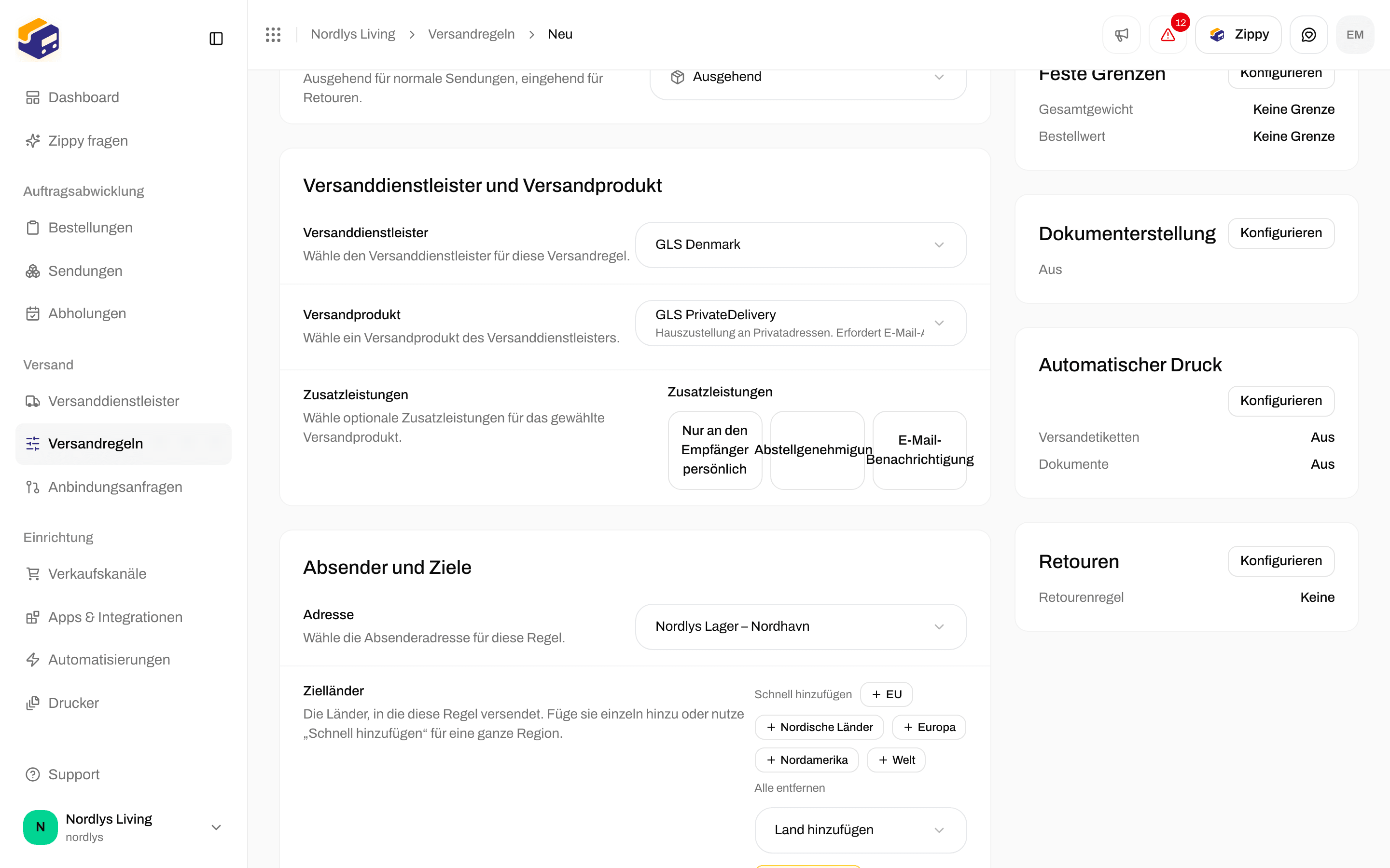 Formular Versandregel erstellen mit ausgefülltem Versanddienstleister, Versandprodukt, Zusatzleistungen, Absenderadresse und Zielländern