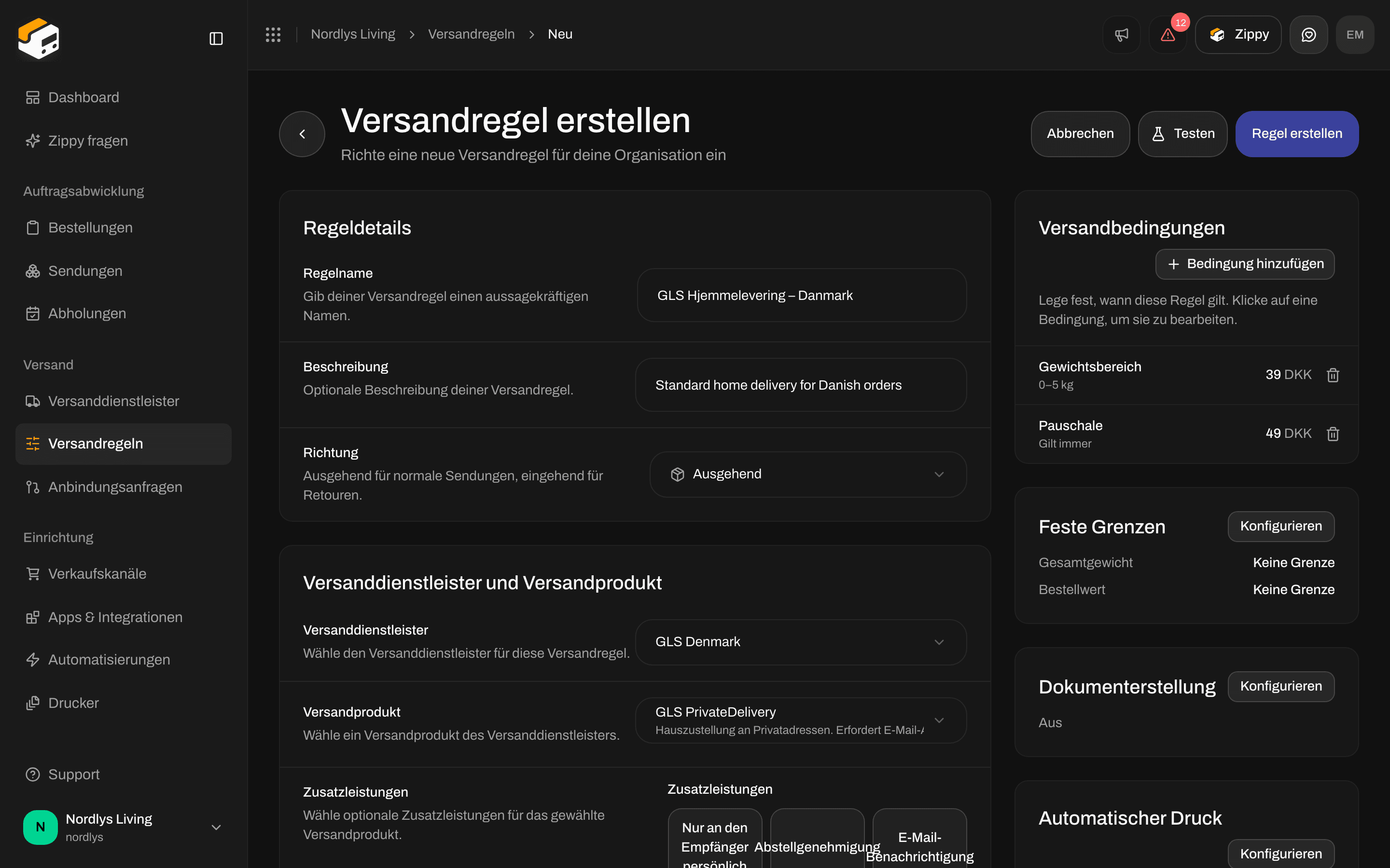 Versandbedingungen mit einer Gewichtsbedingung über 39 DKK und einer Pauschale über 49 DKK