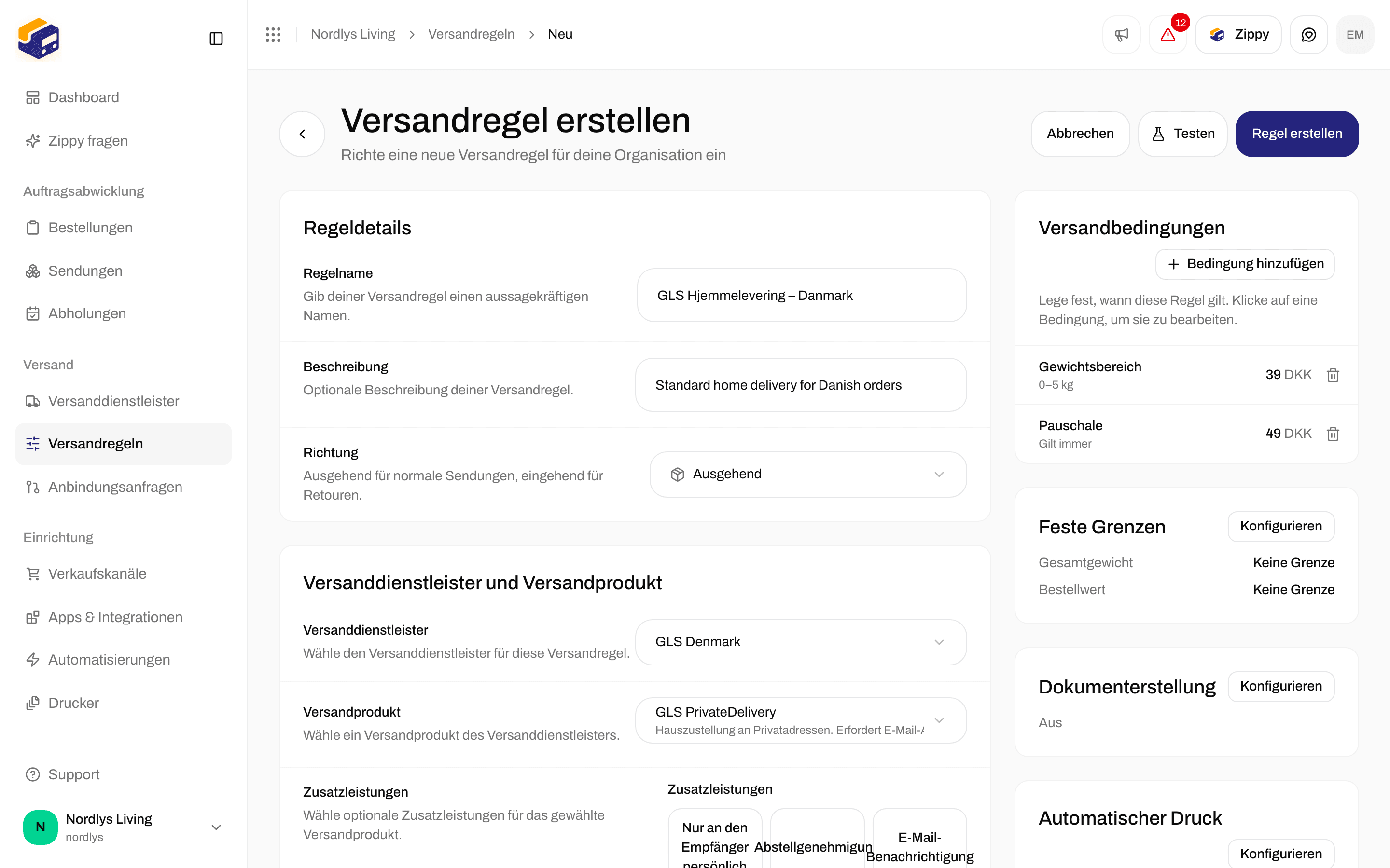 Versandbedingungen mit einer Gewichtsbedingung über 39 DKK und einer Pauschale über 49 DKK