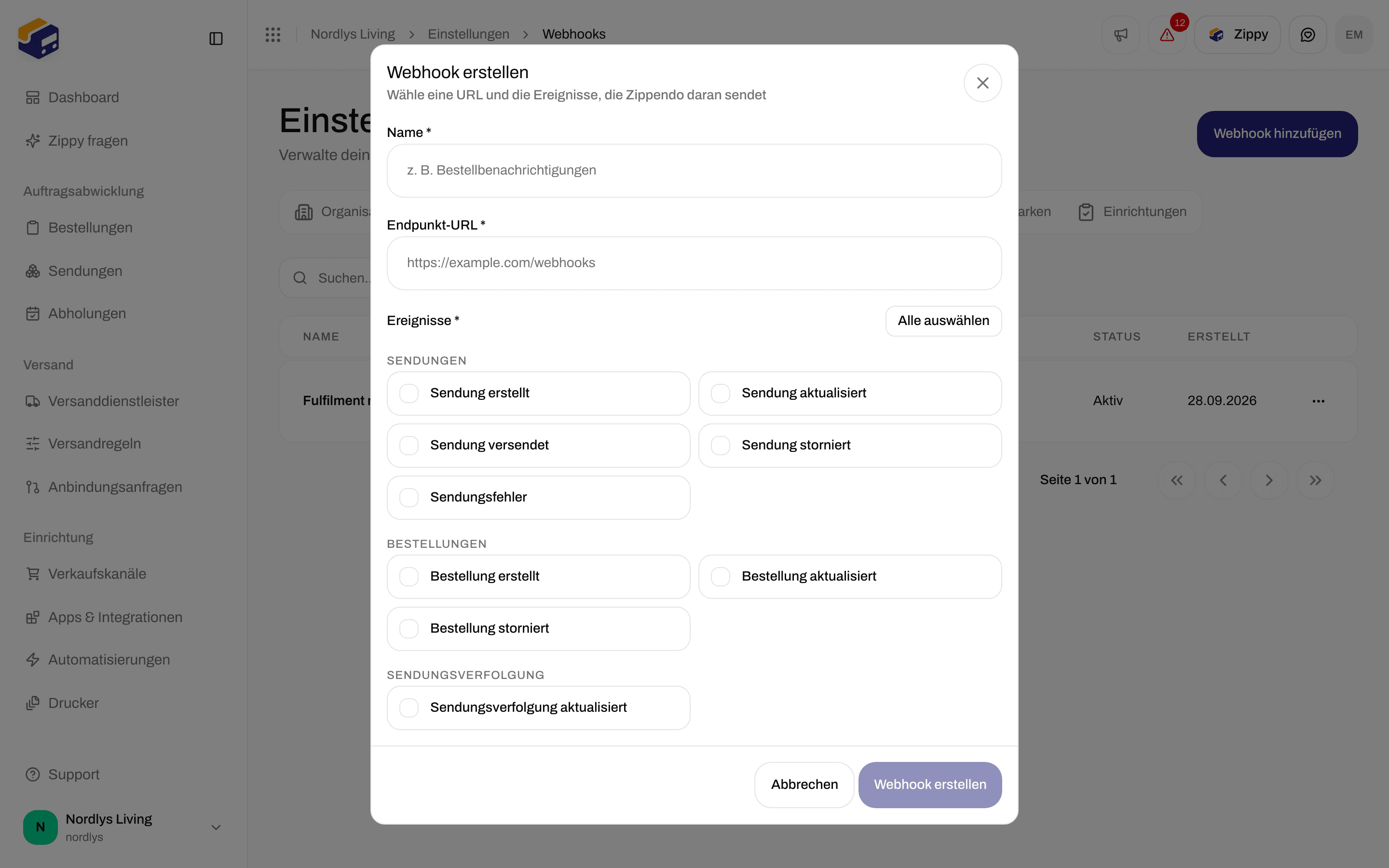 Fenster Webhook erstellen mit der Gruppe Sendungsverfolgung und dem Ereignis Sendungsverfolgung aktualisiert