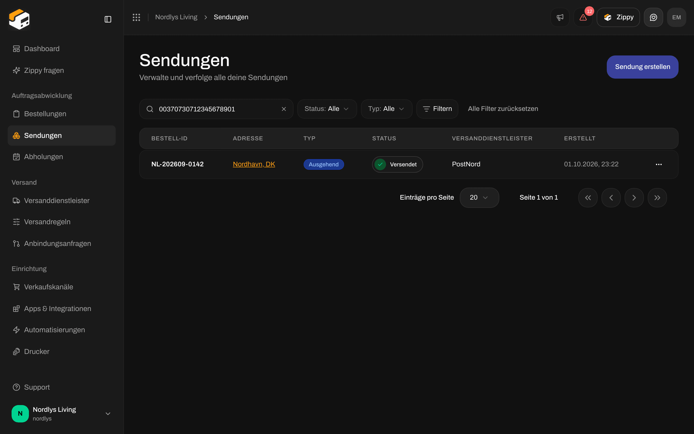Liste Sendungen mit der Sendung, die zu einer Sendungsnummer passt