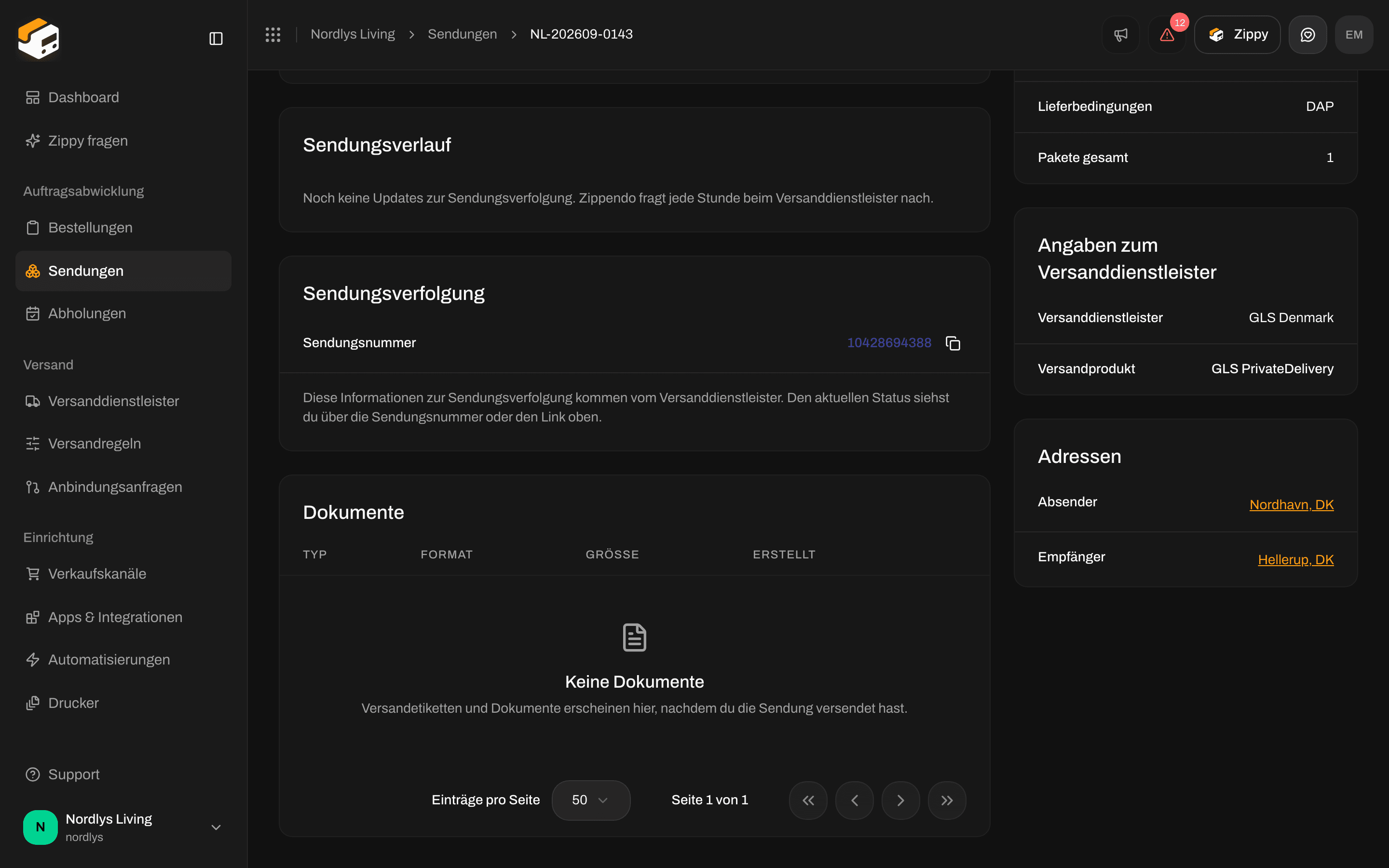 Sendungsverlauf mit dem Hinweis, dass es noch keine Updates zur Sendungsverfolgung gibt